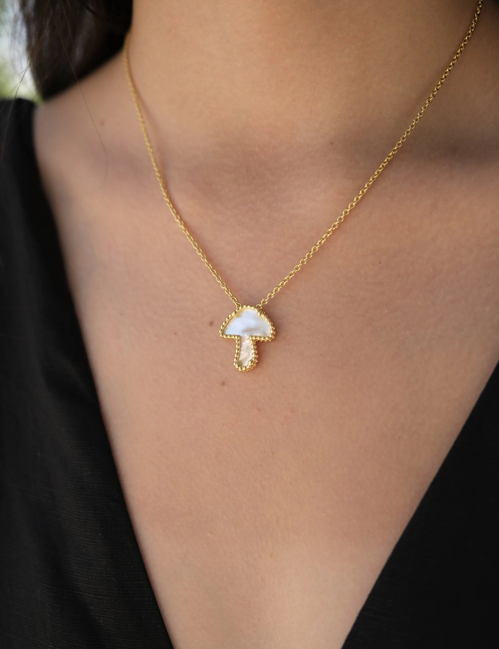 Gold  Mushroom Necklace, Gold Dainty Chain Necklace, Statement Necklace , Natural mother of pearl necklace ,earth element necklace