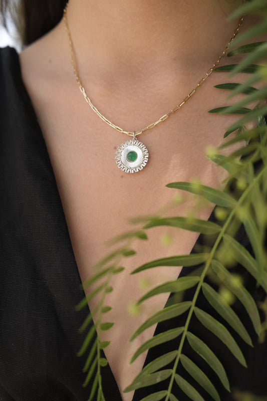 Dainty Necklace,  Mother of pearl Necklace, solar eclipse necklace, Green onyx necklace, Green necklace, gift for her , sun necklace love