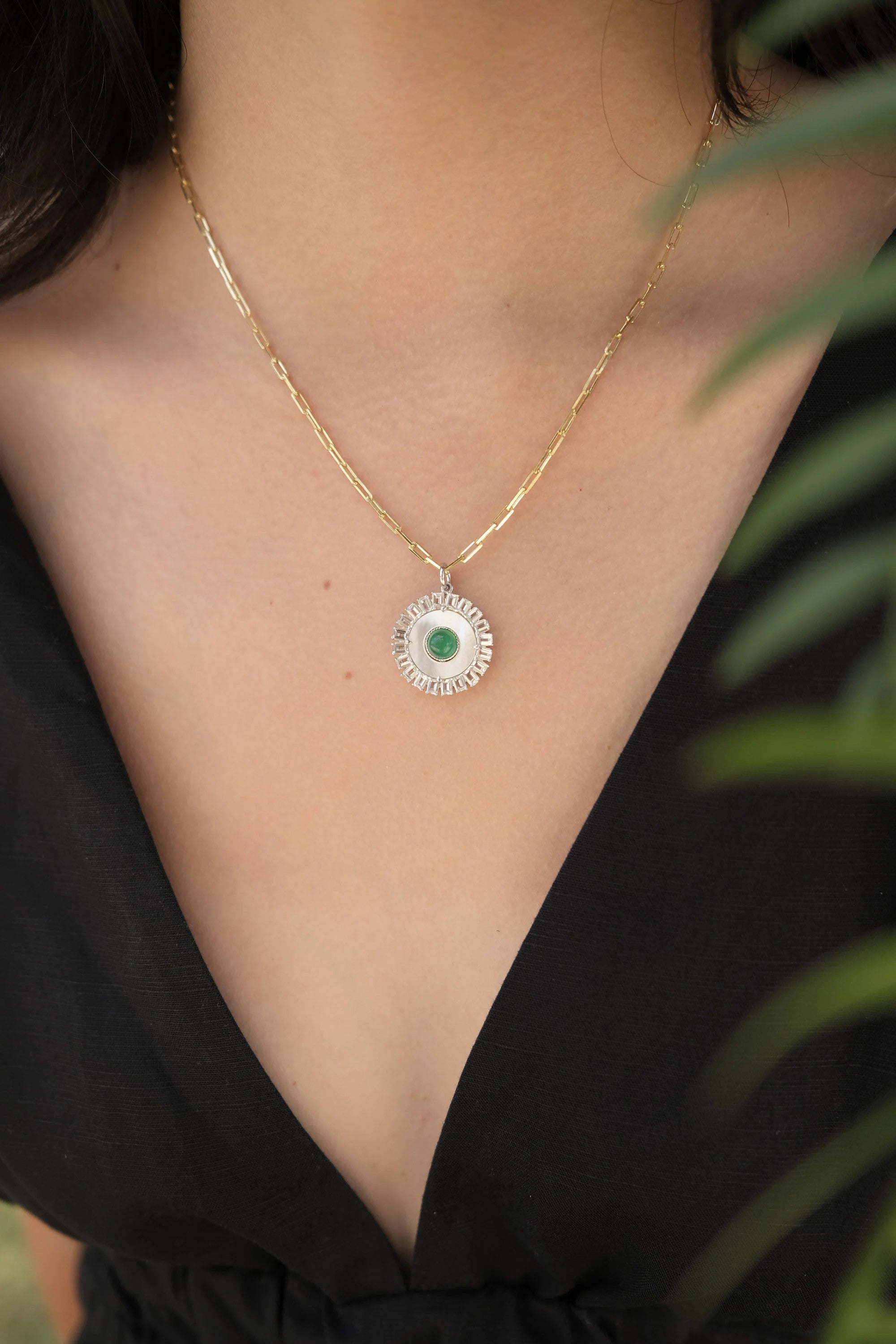 Dainty Necklace,  Mother of pearl Necklace, solar eclipse necklace, Green onyx necklace, Green necklace, gift for her , sun necklace love