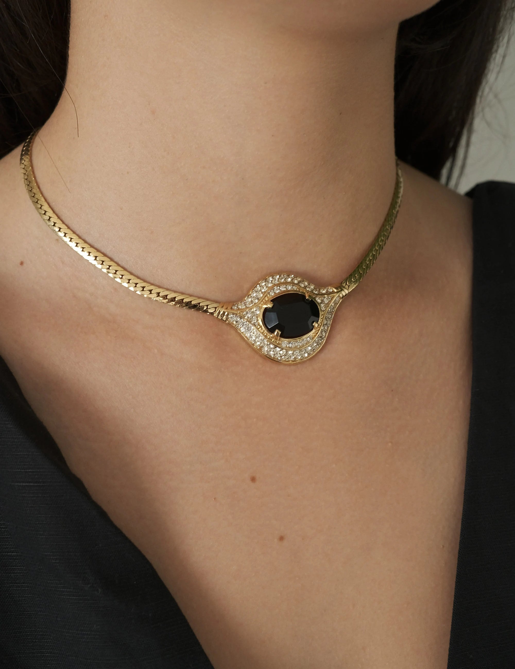 Vintage Nina Ricci Necklace, Gold Tone Necklace, Choker Necklace, Black Stone, Vintage Rhinestone, Jewelry for Women, Personalized Gifts