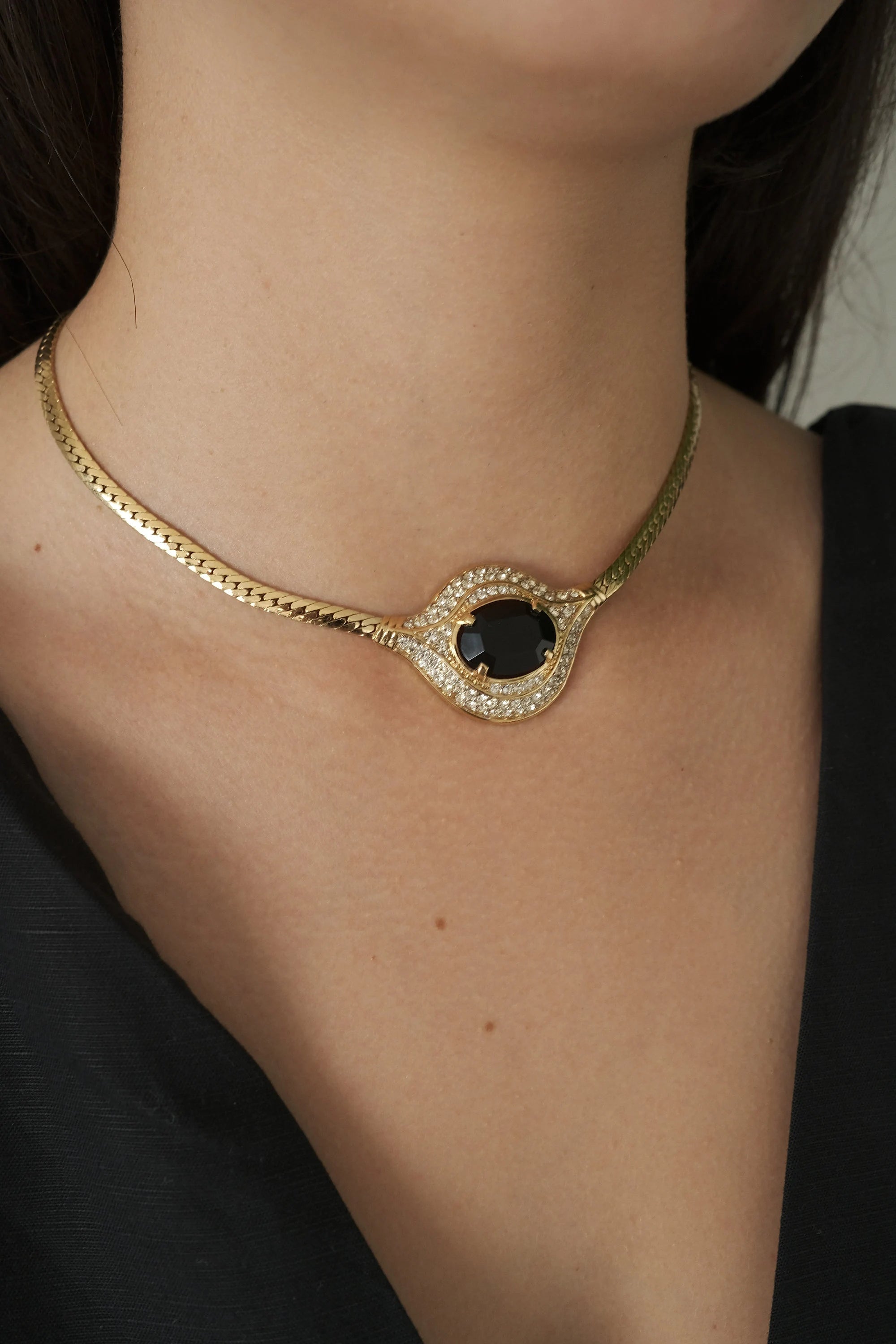 Vintage Nina Ricci Necklace, Gold Tone Necklace, Choker Necklace, Black Stone, Vintage Rhinestone, Jewelry for Women, Personalized Gifts