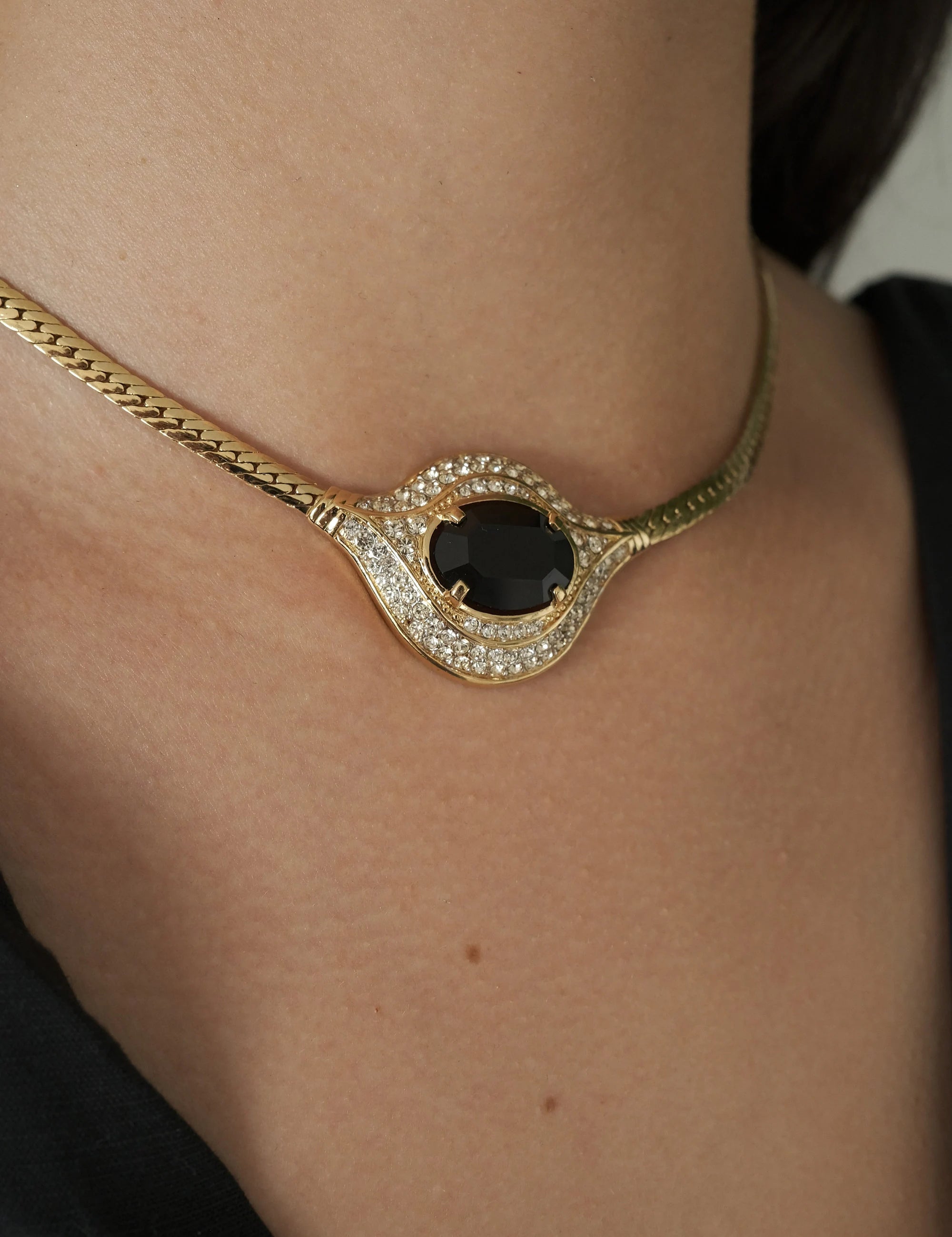 Vintage Nina Ricci Necklace, Gold Tone Necklace, Choker Necklace, Black Stone, Vintage Rhinestone, Jewelry for Women, Personalized Gifts