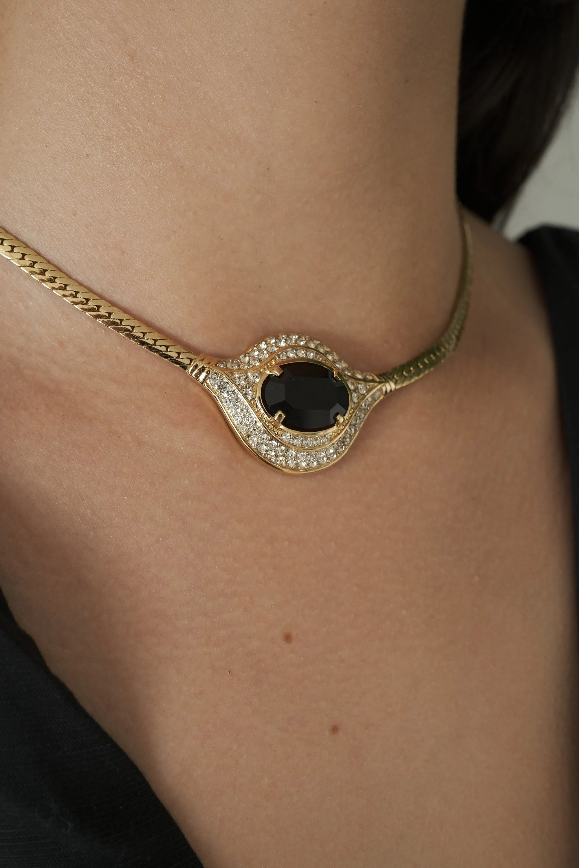 Vintage Nina Ricci Necklace, Gold Tone Necklace, Choker Necklace, Black Stone, Vintage Rhinestone, Jewelry for Women, Personalized Gifts