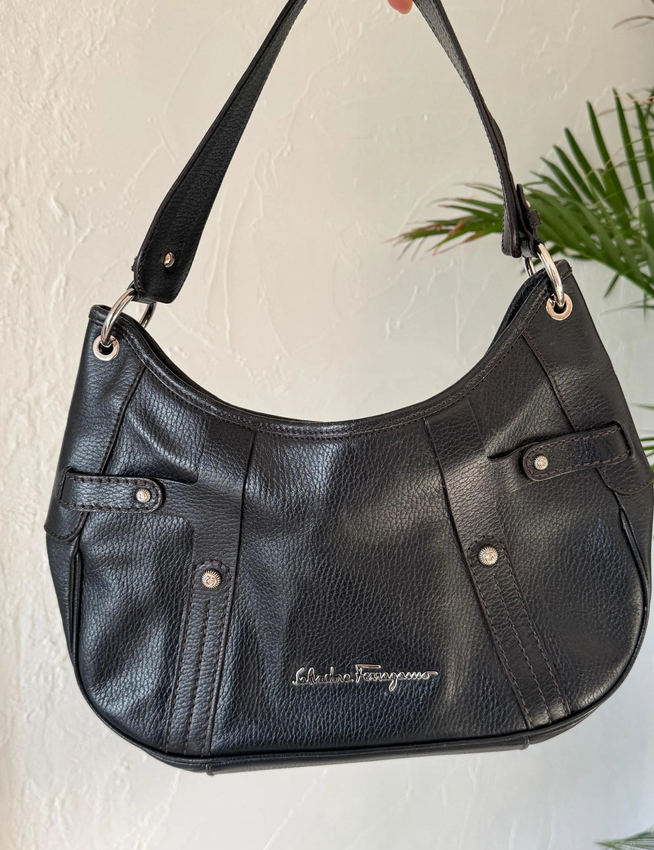 Vintage Salvatore Ferragamo black leather shoulder bag made in Italy, classic structured design, elegant 1980s luxury handbag