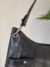 Vintage Salvatore Ferragamo black leather shoulder bag made in Italy, classic structured design, elegant 1980s luxury handbag