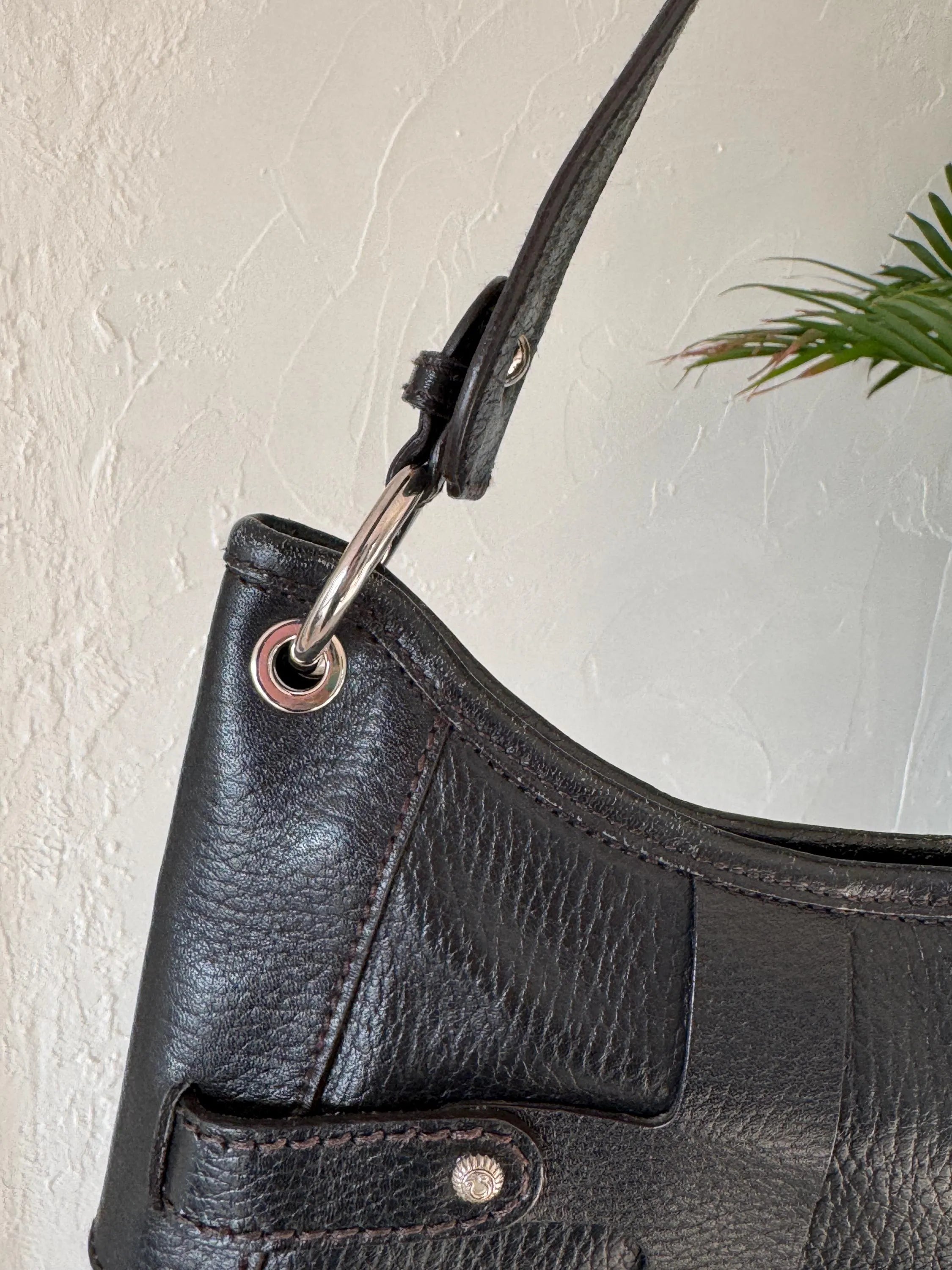 Vintage Salvatore Ferragamo black leather shoulder bag made in Italy, classic structured design, elegant 1980s luxury handbag