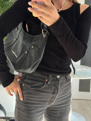 Vintage Salvatore Ferragamo black leather shoulder bag made in Italy, classic structured design, elegant 1980s luxury handbag