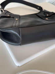 Vintage Salvatore Ferragamo black leather shoulder bag made in Italy, classic structured design, elegant 1980s luxury handbag