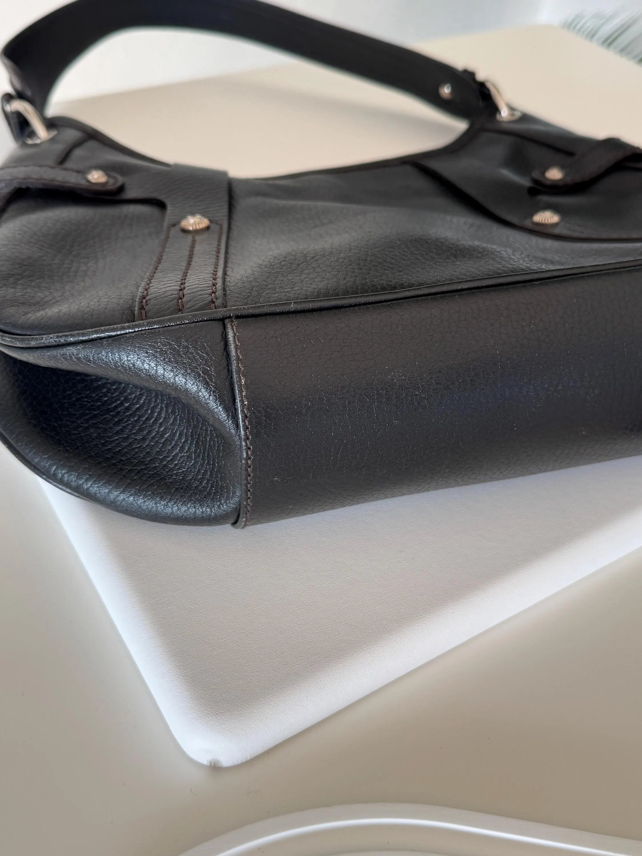 Vintage Salvatore Ferragamo black leather shoulder bag made in Italy, classic structured design, elegant 1980s luxury handbag