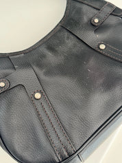 Vintage Salvatore Ferragamo black leather shoulder bag made in Italy, classic structured design, elegant 1980s luxury handbag
