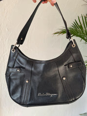 Vintage Salvatore Ferragamo black leather shoulder bag made in Italy, classic structured design, elegant 1980s luxury handbag