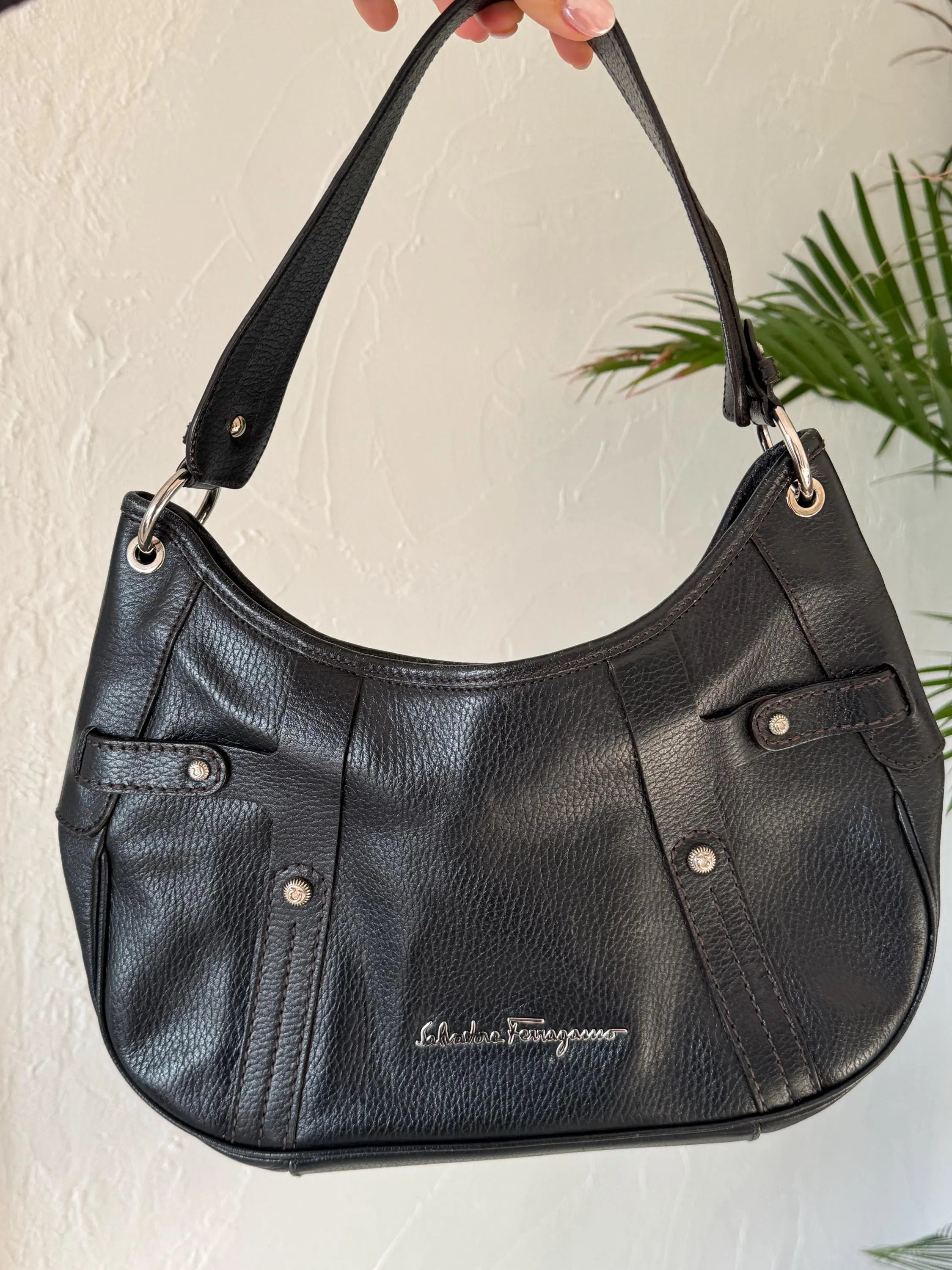 Vintage Salvatore Ferragamo black leather shoulder bag made in Italy, classic structured design, elegant 1980s luxury handbag