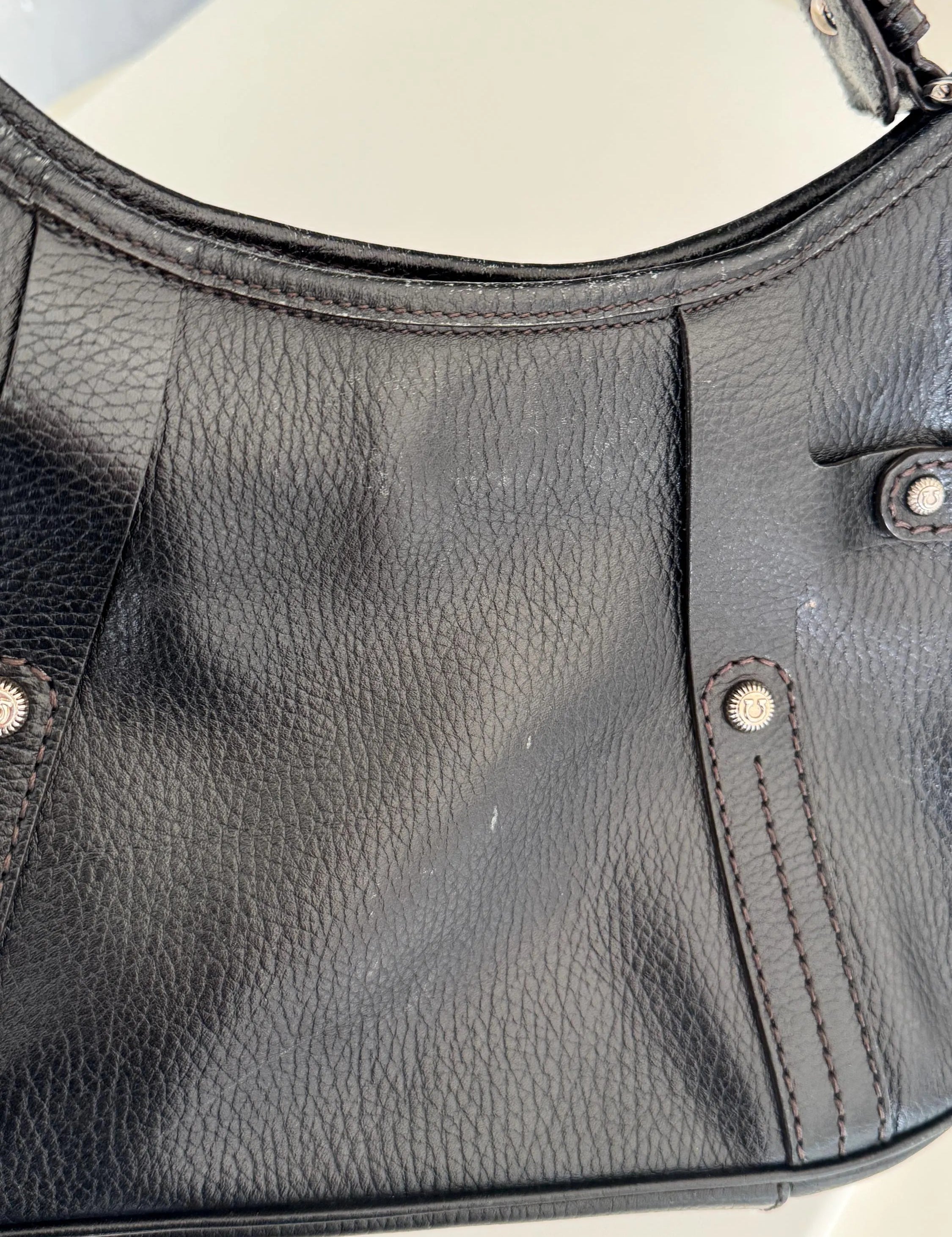 Vintage Salvatore Ferragamo black leather shoulder bag made in Italy, classic structured design, elegant 1980s luxury handbag