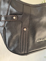 Vintage Salvatore Ferragamo black leather shoulder bag made in Italy, classic structured design, elegant 1980s luxury handbag