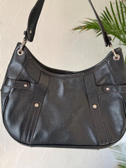 Vintage Salvatore Ferragamo black leather shoulder bag made in Italy, classic structured design, elegant 1980s luxury handbag