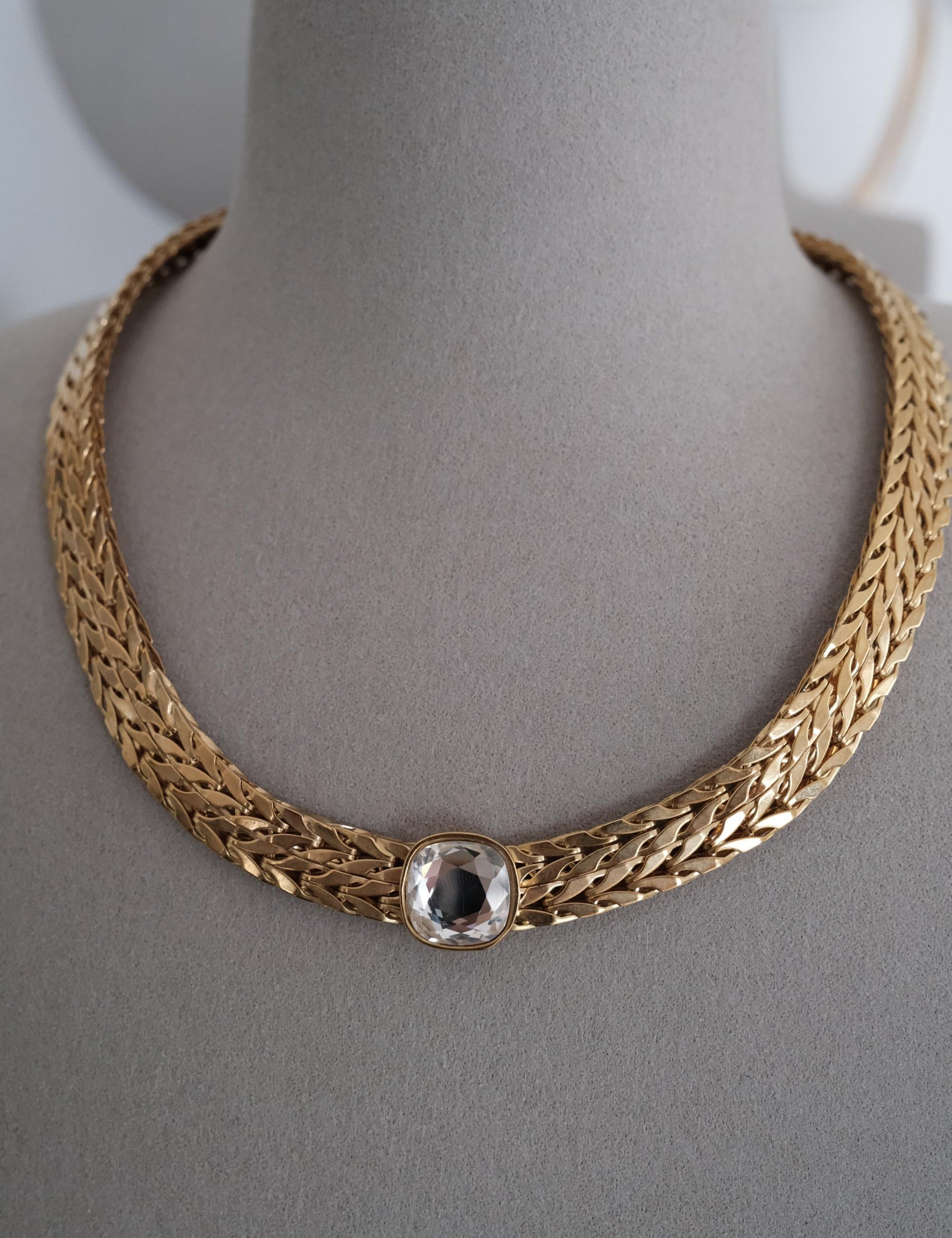 Elegant vintage Avon choker necklace, gold tone wide woven chain with crystal rhinestones, timeless statement jewelry