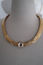Elegant vintage Avon choker necklace, gold tone wide woven chain with crystal rhinestones, timeless statement jewelry