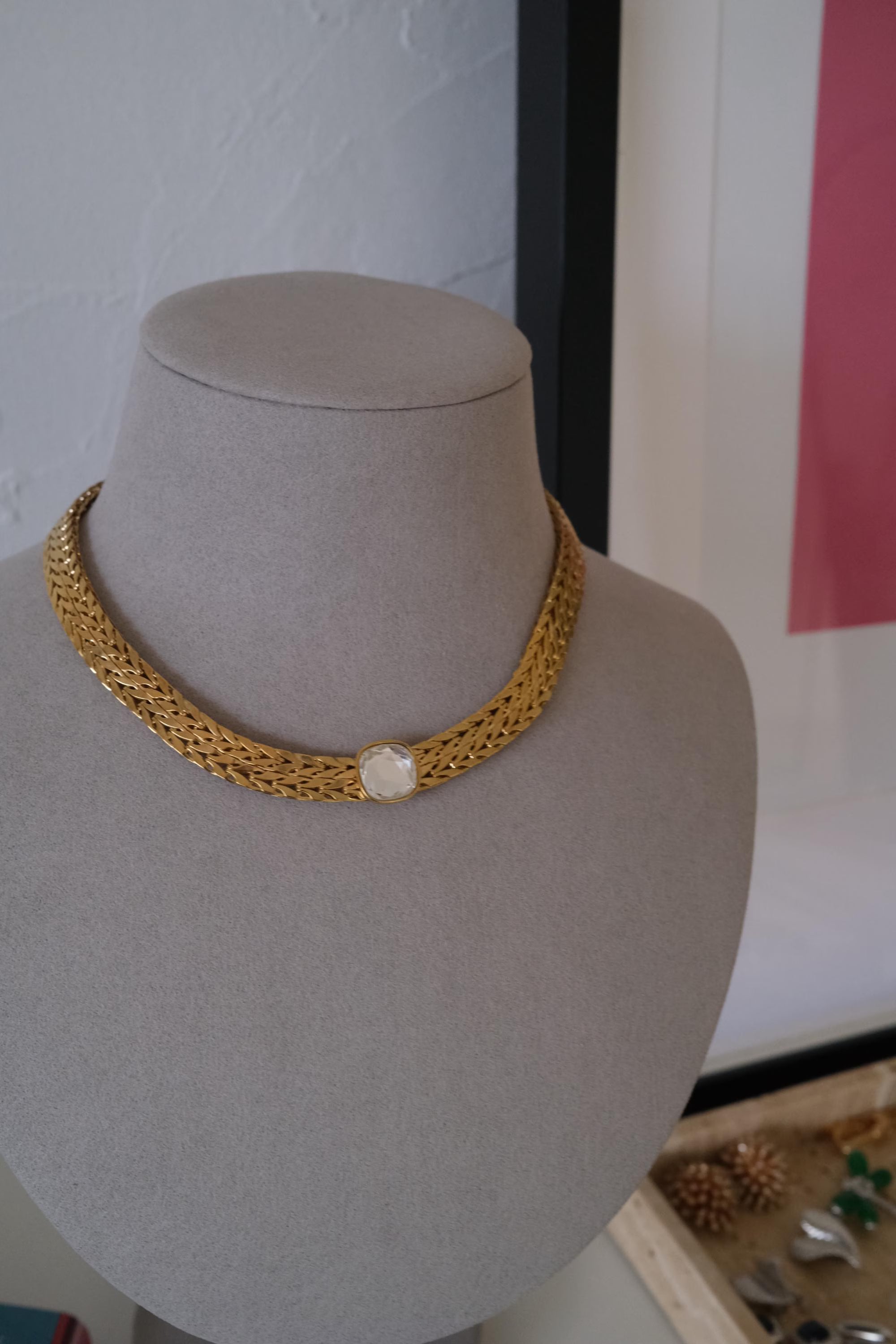 Rare vintage Avon choker necklace in gold tone, crystal rhinestone statement piece and collectible investment jewelry