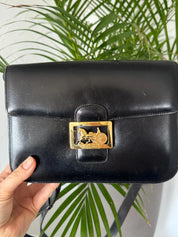 Vintage Celine black leather box bag with gold hardware, elegant designer handbag and perfect luxury gift for her