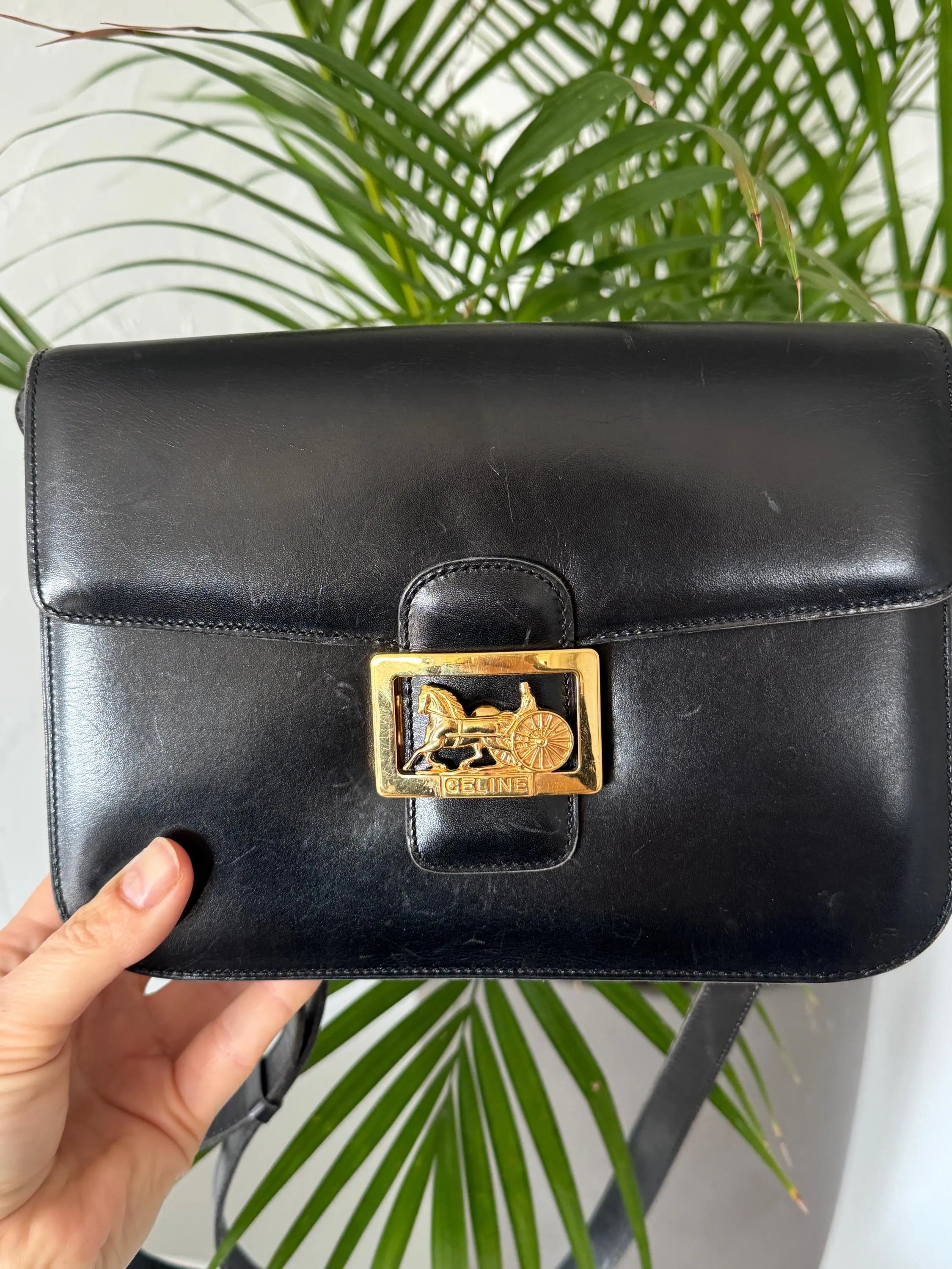 Vintage Celine black leather box bag with gold hardware, elegant designer handbag and perfect luxury gift for her