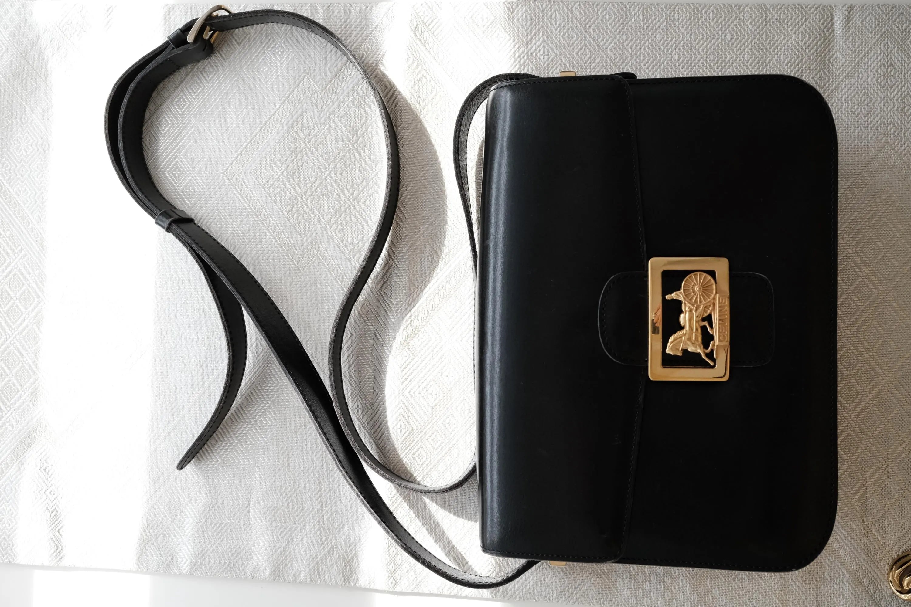 Vintage Celine black leather box bag, classic designer shoulder and crossbody bag, ideal gift for women
