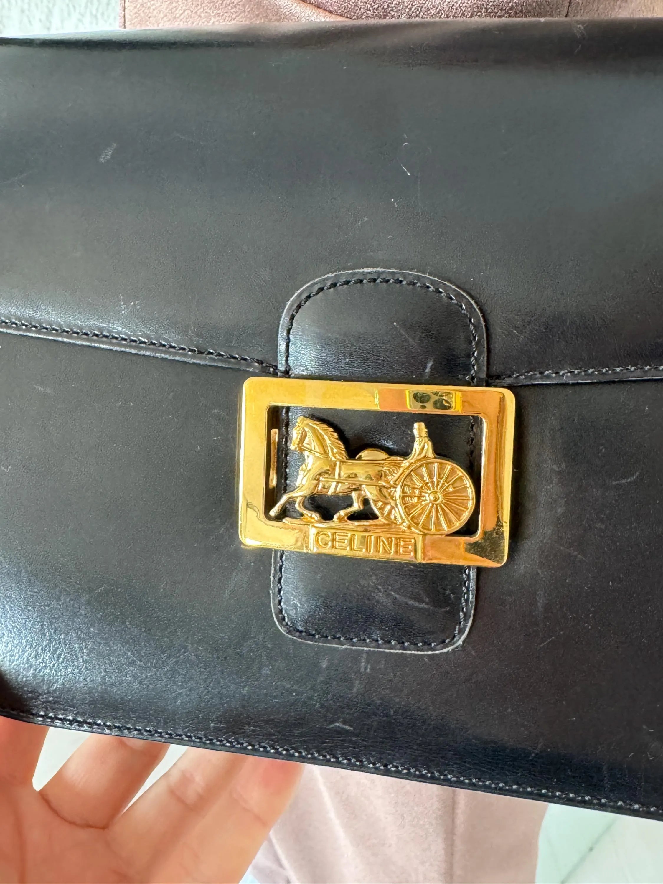 Vintage Celine black leather box bag, gold hardware designer handbag made in Italy for women