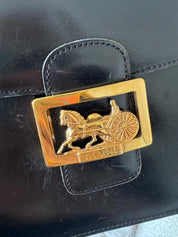 Vintage Celine black leather box bag, gold hardware designer handbag made in Italy for women