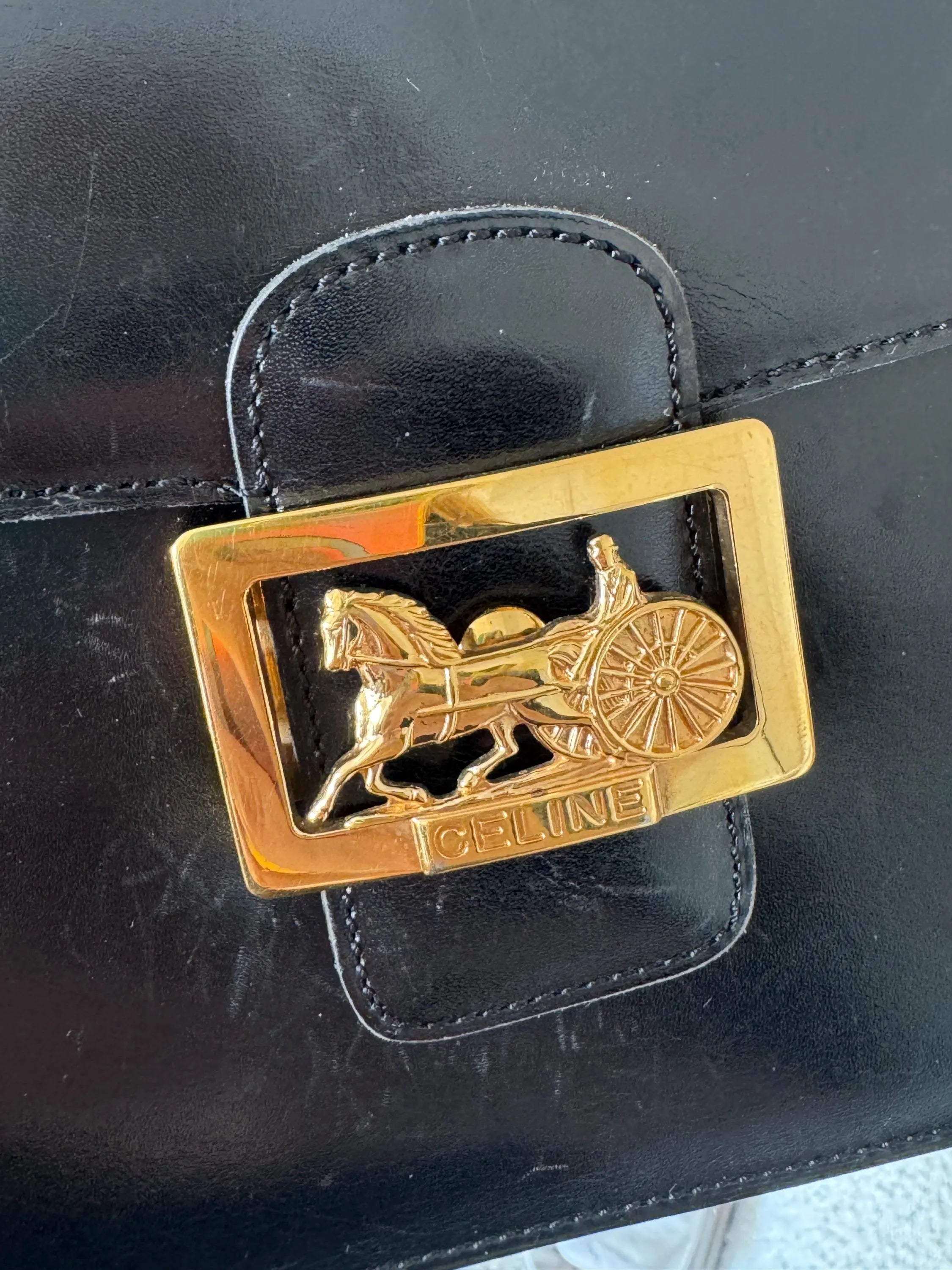 Vintage Celine black leather box bag, gold hardware designer handbag made in Italy for women