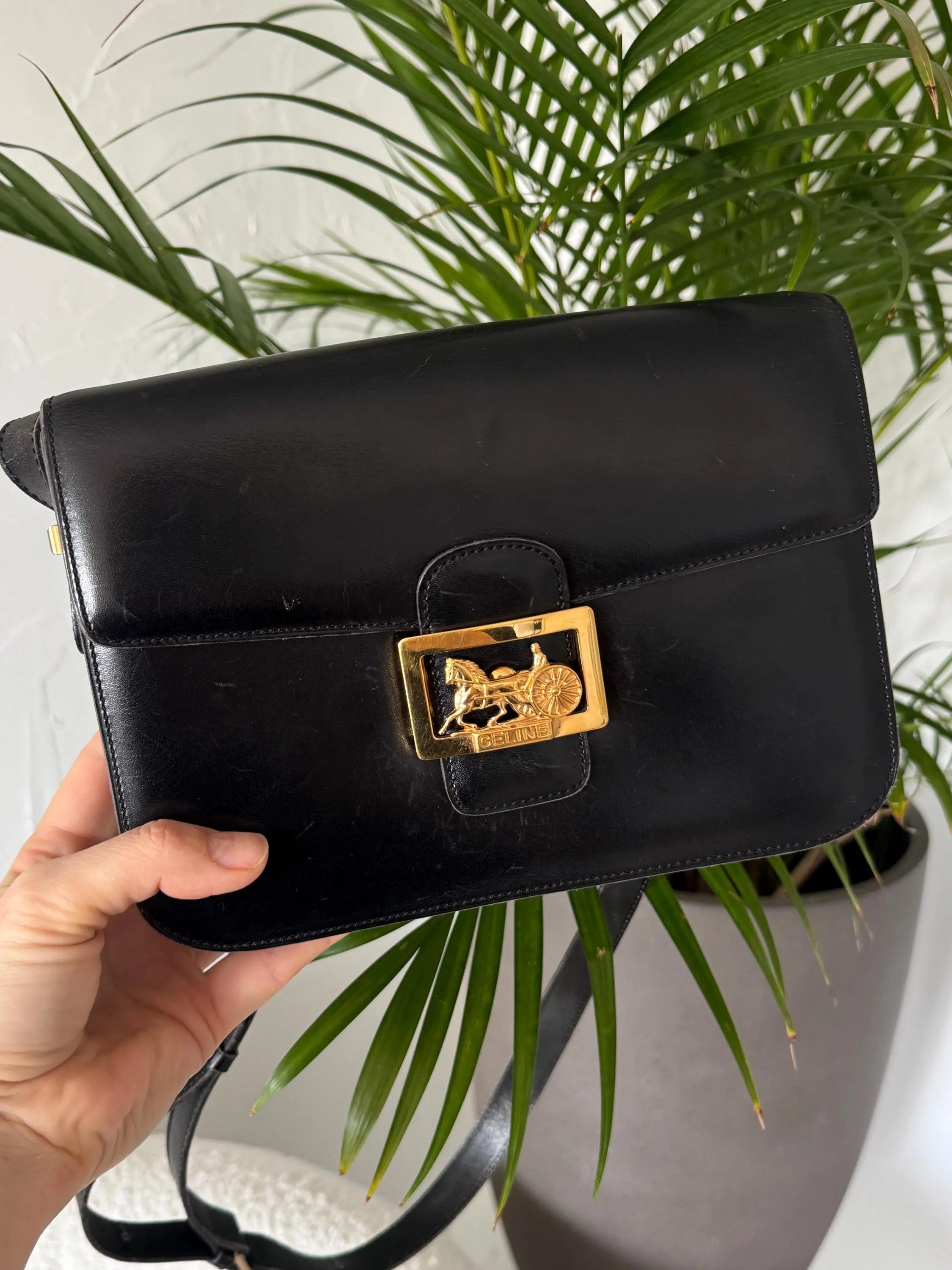 Vintage Celine black leather box bag, timeless Parisian designer handbag with refined gold details
