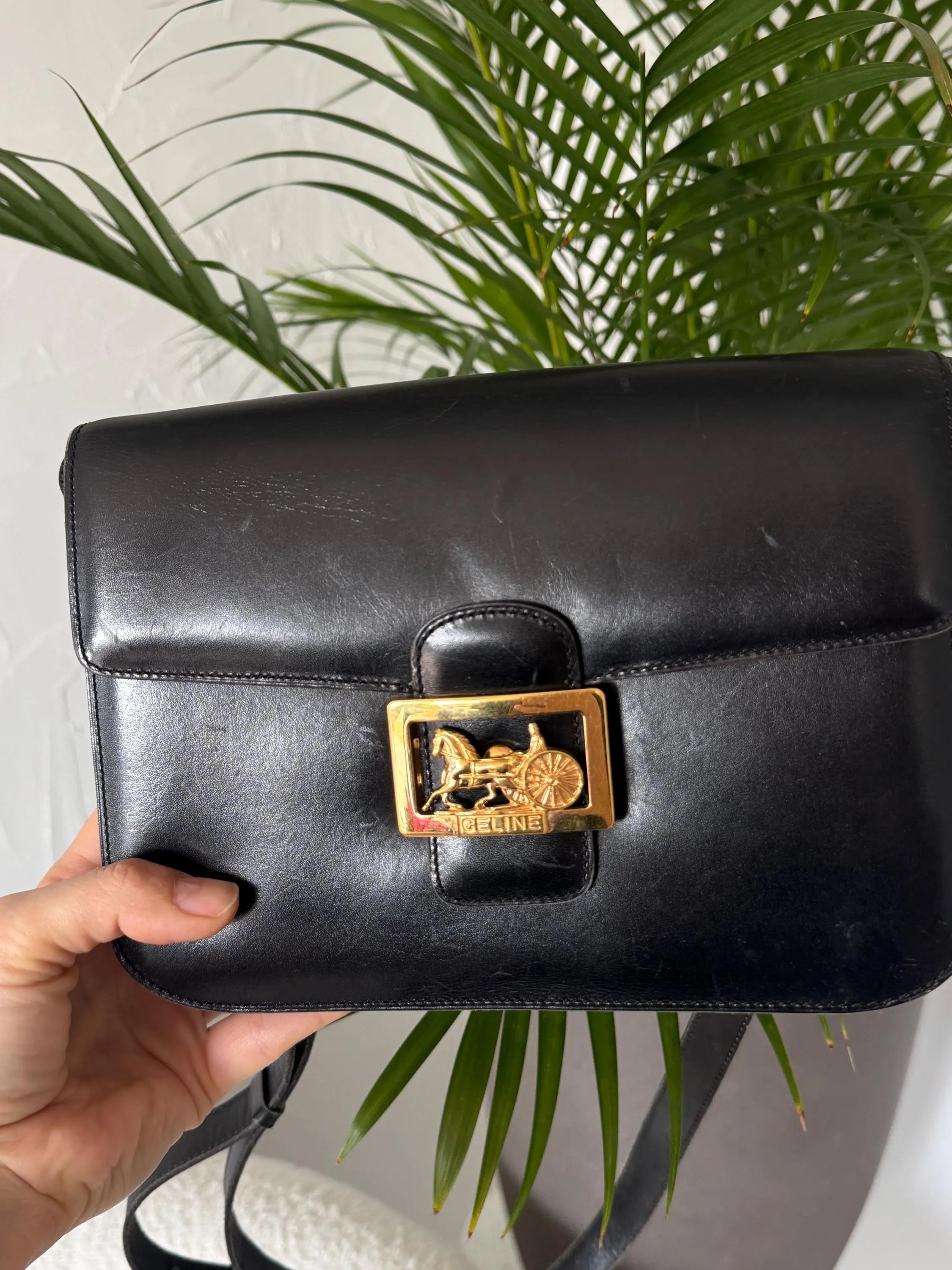 Vintage Celine black leather box bag with gold hardware, elegant designer handbag and perfect luxury gift for her