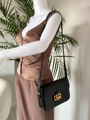 Vintage Celine black leather box bag, timeless Parisian designer handbag with refined gold details