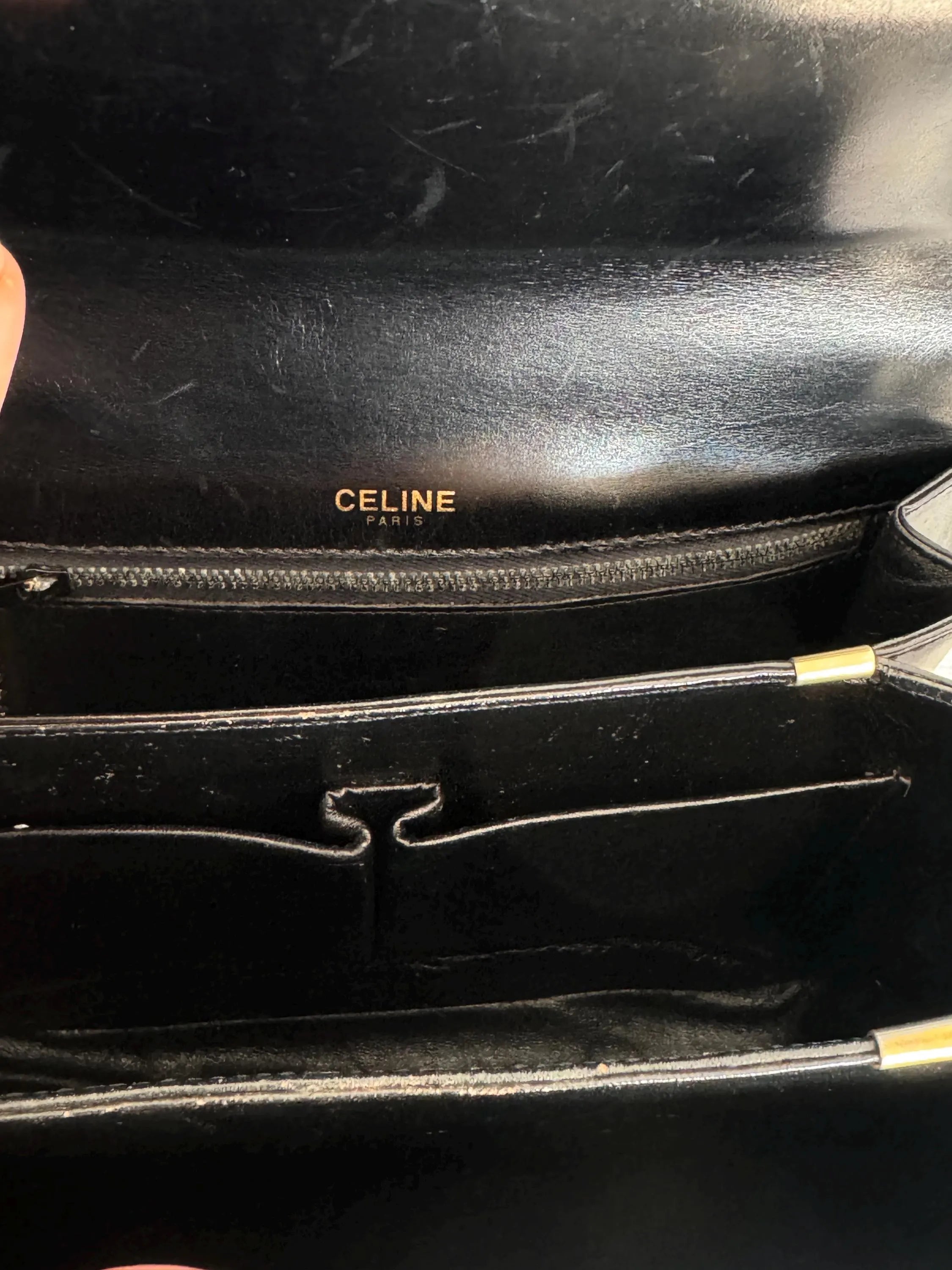 Vintage Celine black leather box bag, gold hardware designer handbag made in Italy for women