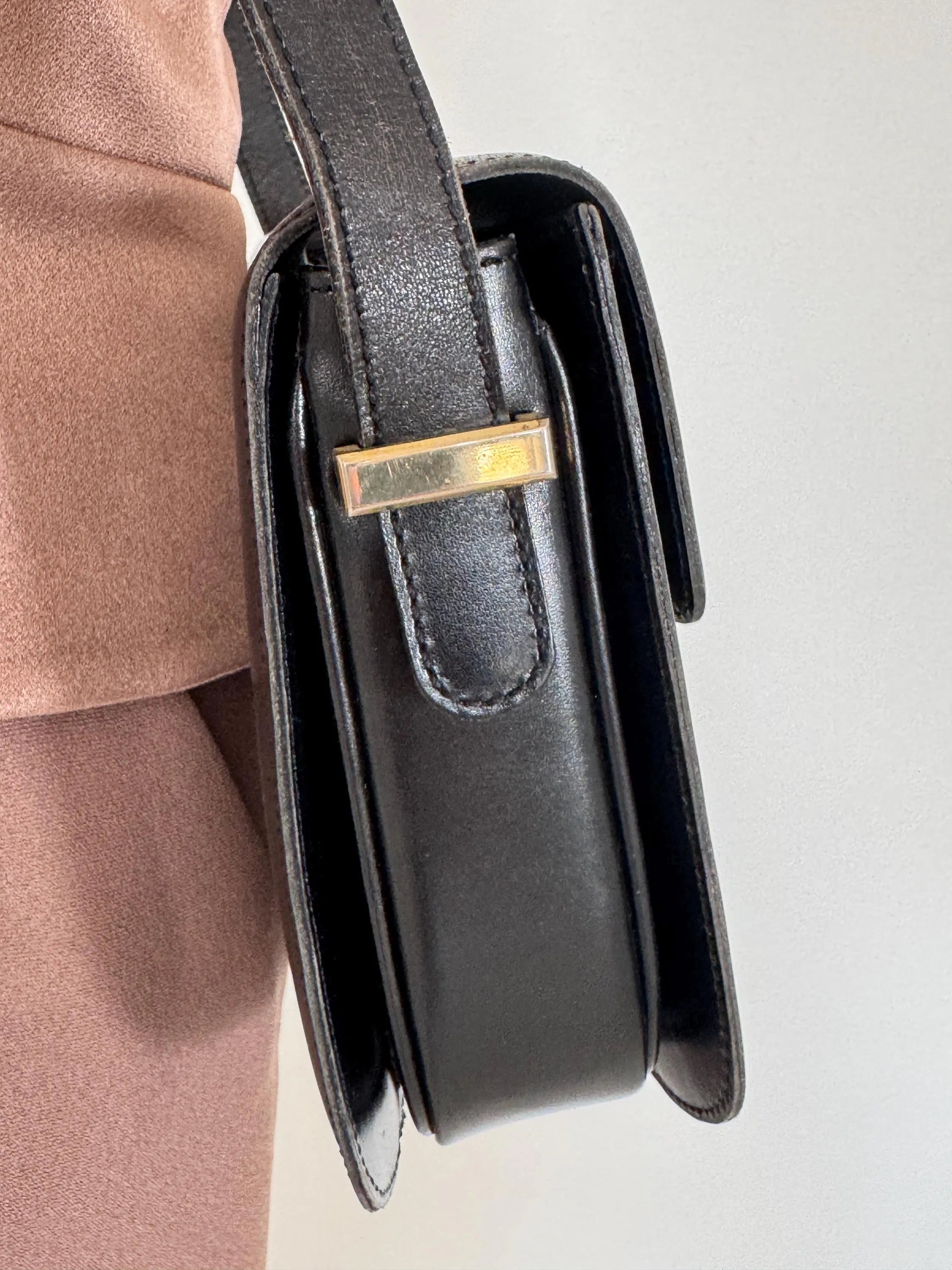Vintage Celine black leather box bag, timeless Parisian designer handbag with refined gold details