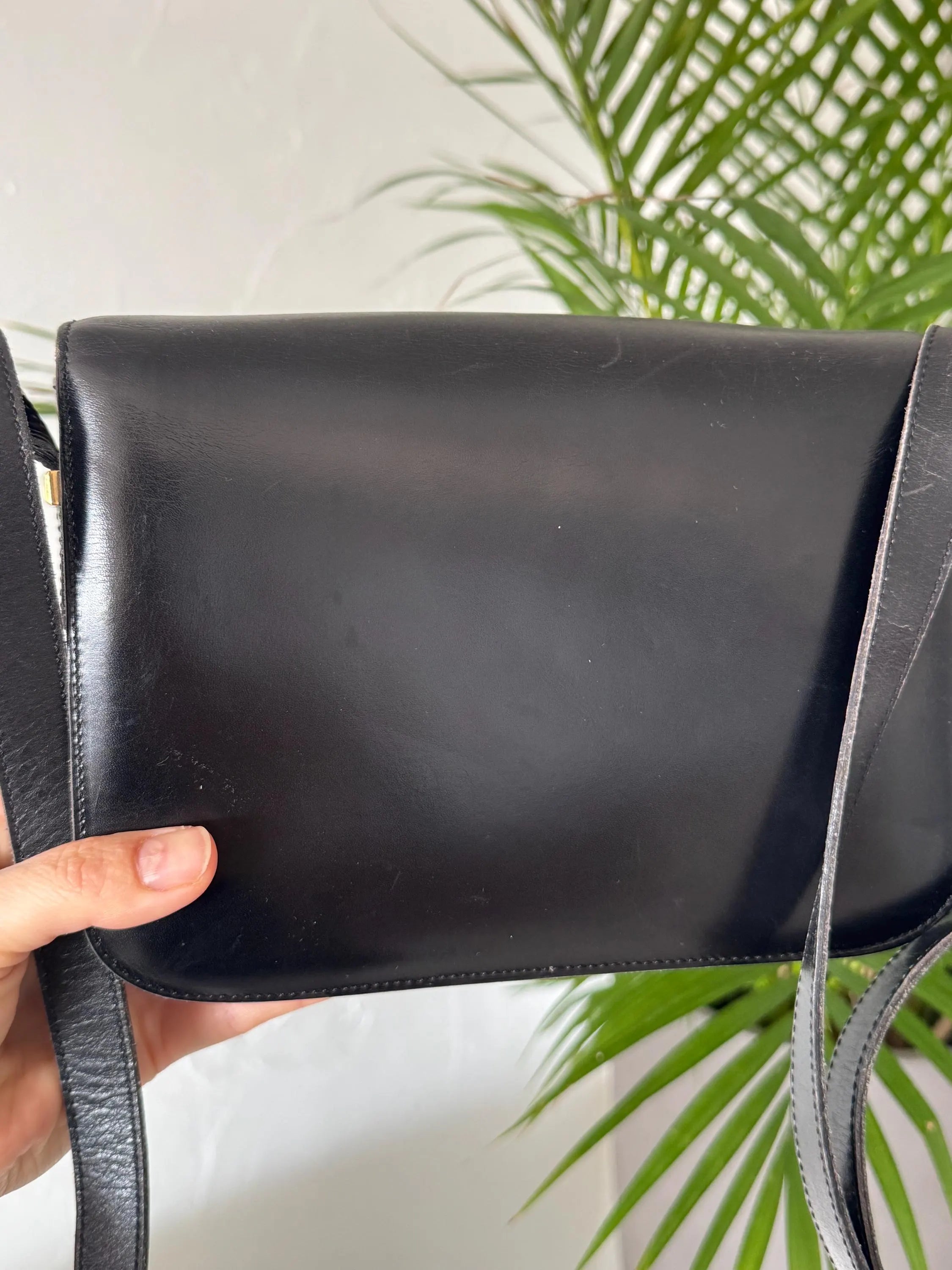 Vintage Celine black leather box bag, timeless Parisian designer handbag with refined gold details