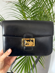 Vintage Celine black leather box bag, gold hardware designer handbag made in Italy for women