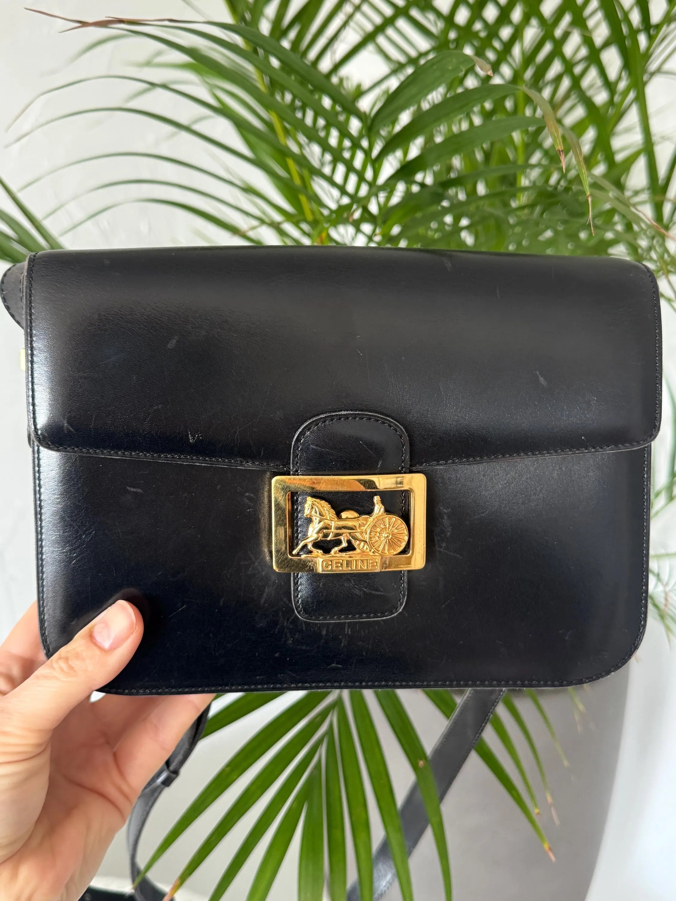 Vintage Celine black leather box bag, gold hardware designer handbag made in Italy for women