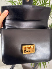 Vintage Celine black leather box bag, timeless Parisian designer handbag with refined gold details