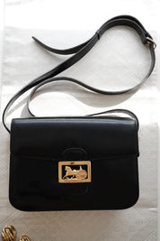 Vintage Celine black leather box bag with gold hardware, elegant designer handbag and perfect luxury gift for her