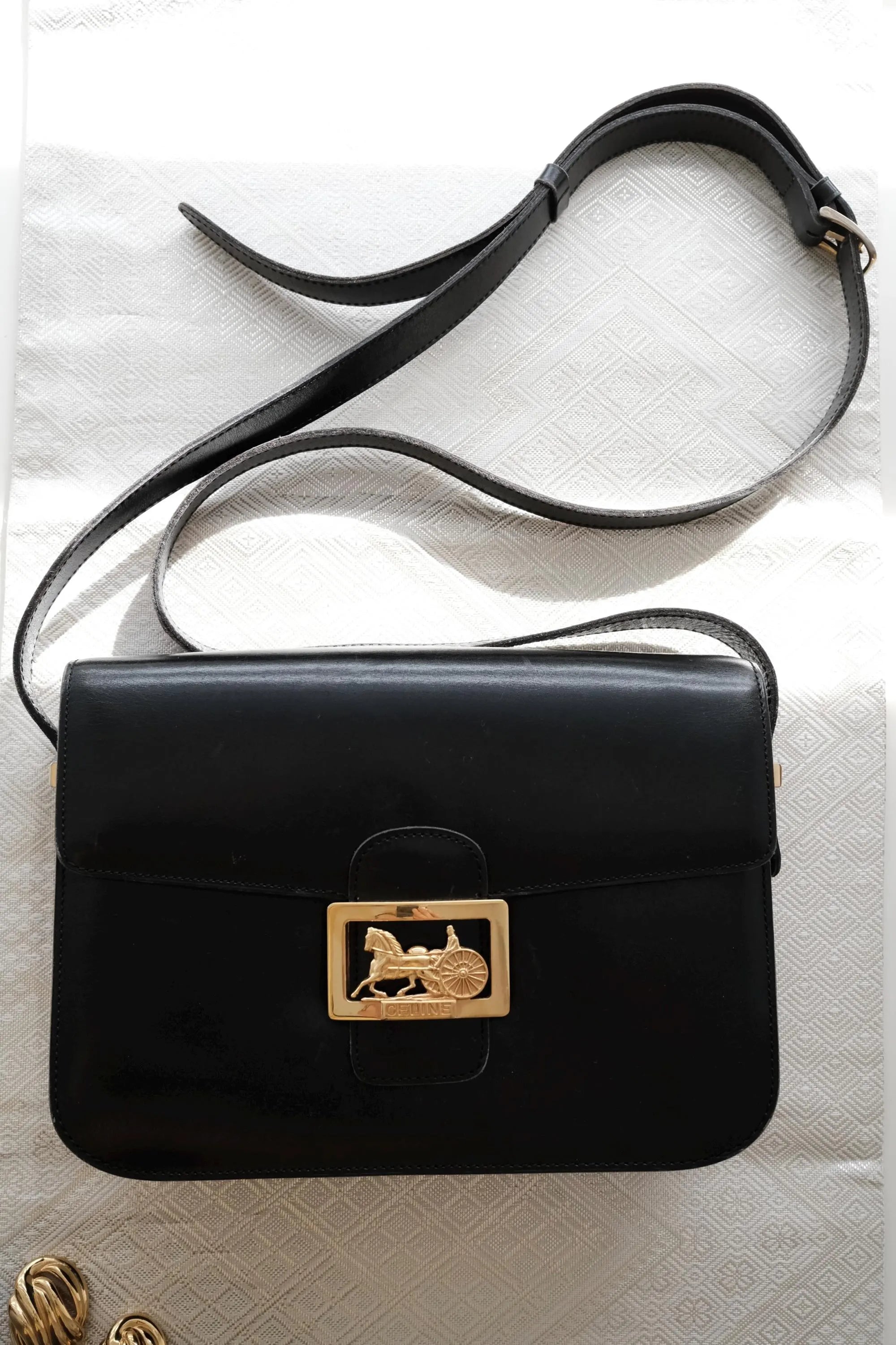 Vintage Celine black leather box bag with gold hardware, elegant designer handbag and perfect luxury gift for her