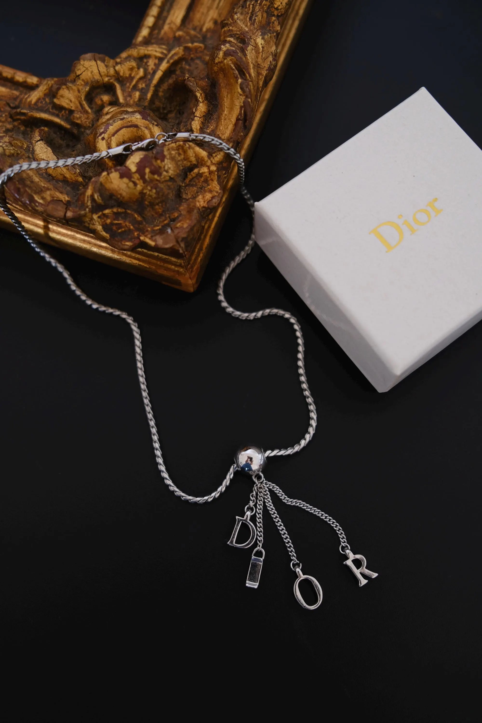 Vintage Christian Dior D-I-O-R letter charm tassel necklace in silver tone with Dior box