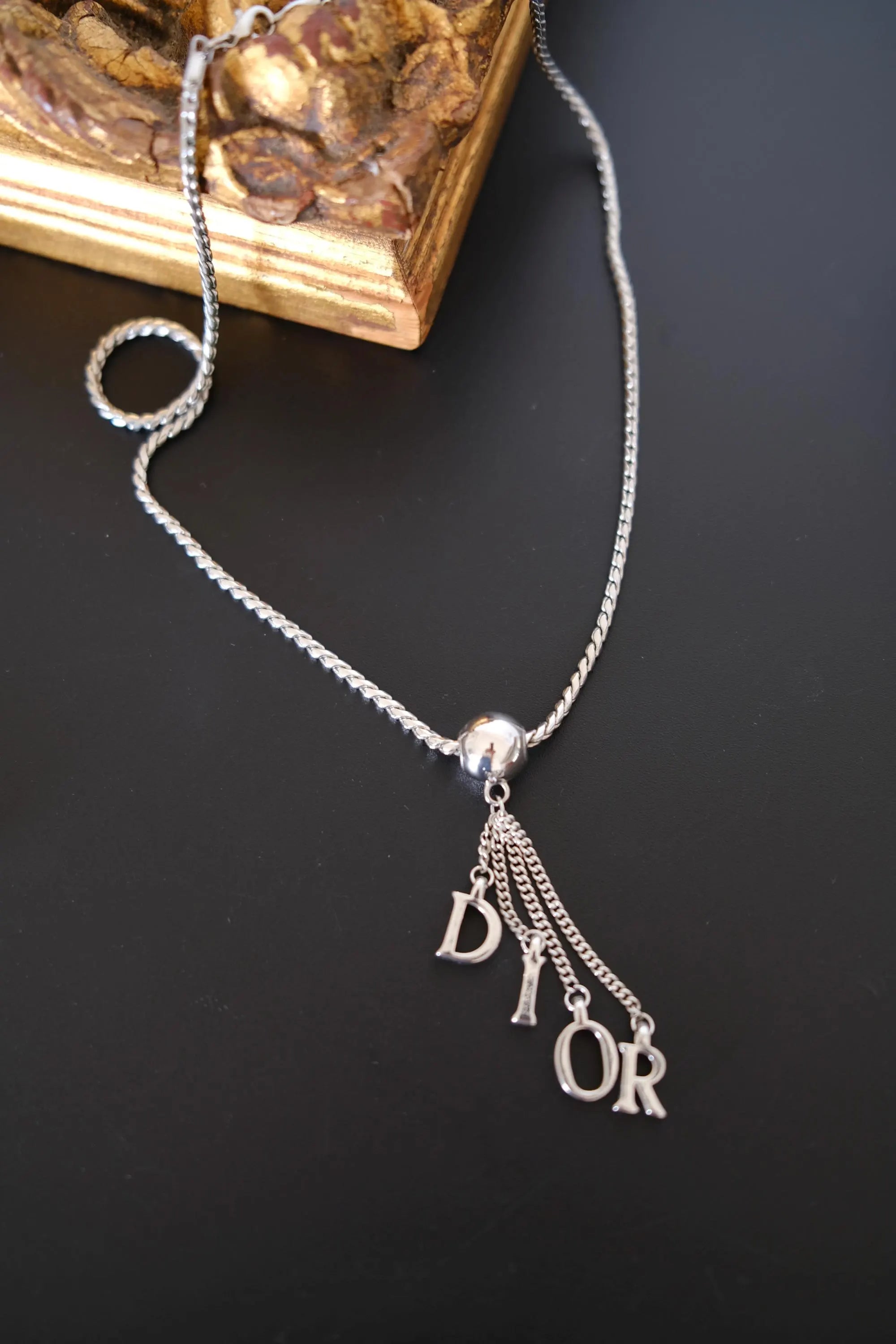 Vintage Christian Dior D-I-O-R charm necklace with twisted rope-style chain full view