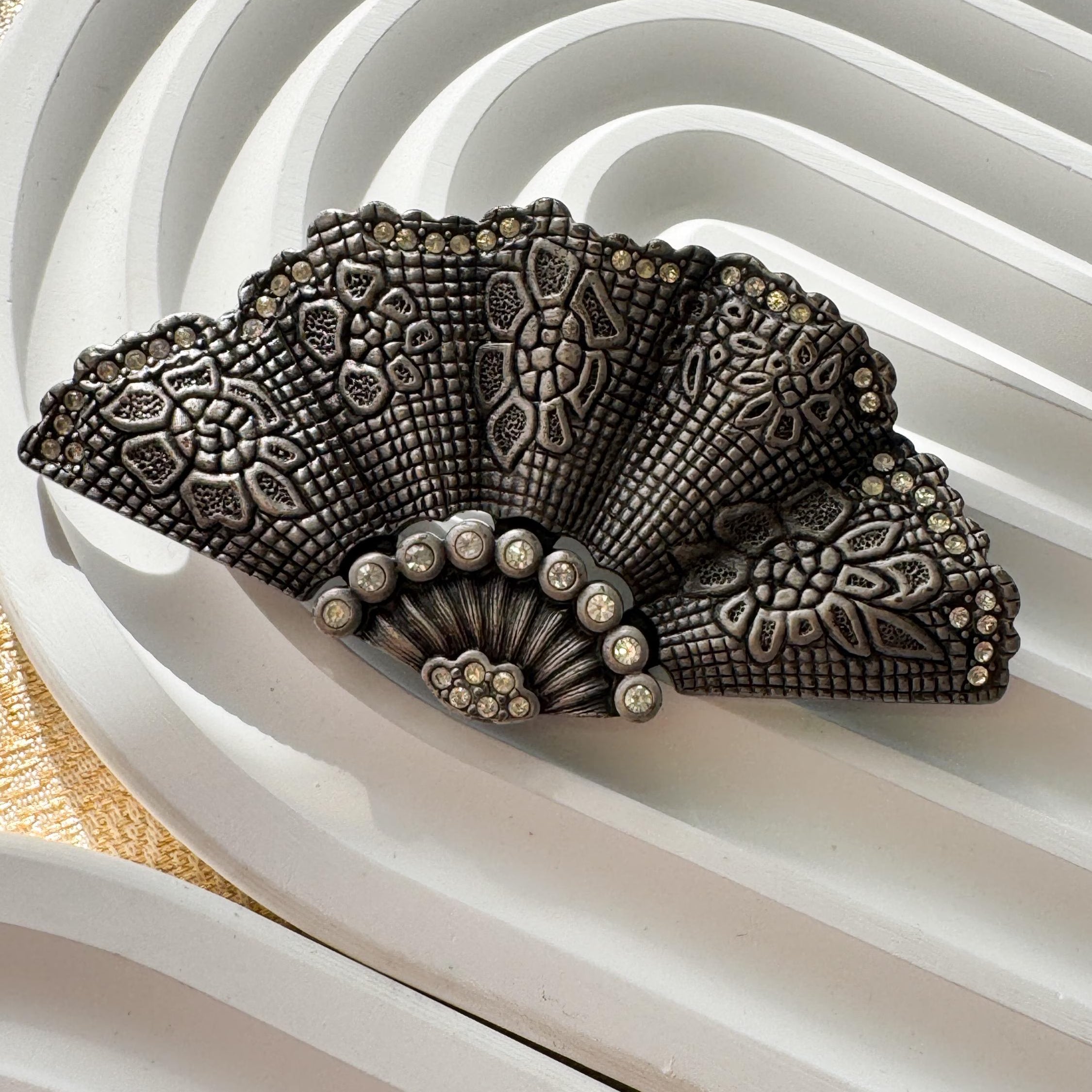 Vintage Dior silver fan brooch with rhinestones, timeless heritage inspired jewelry