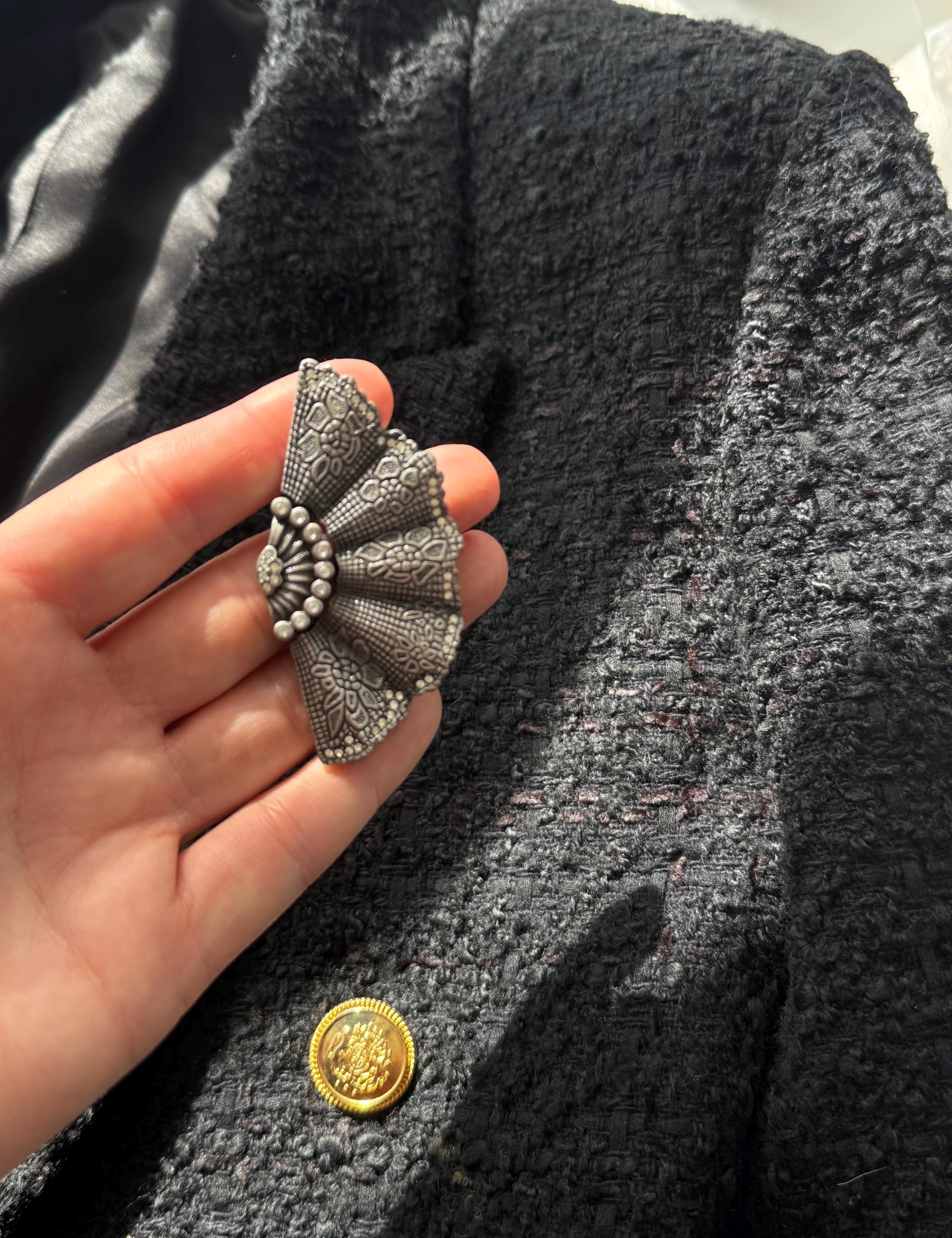 Vintage Christian Dior silver tone fan brooch, understated luxury accessory