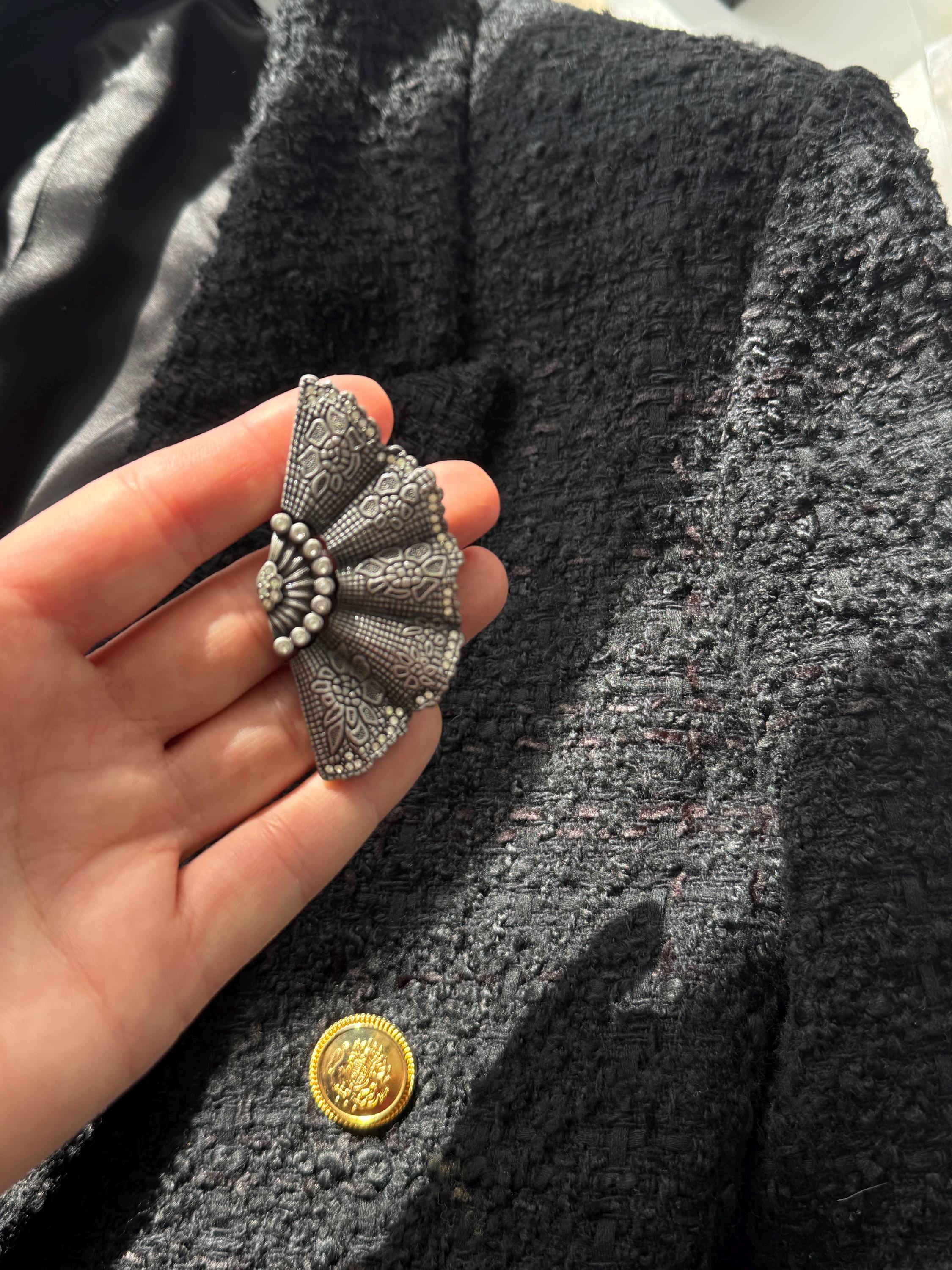 Vintage Christian Dior silver tone fan brooch, understated luxury accessory