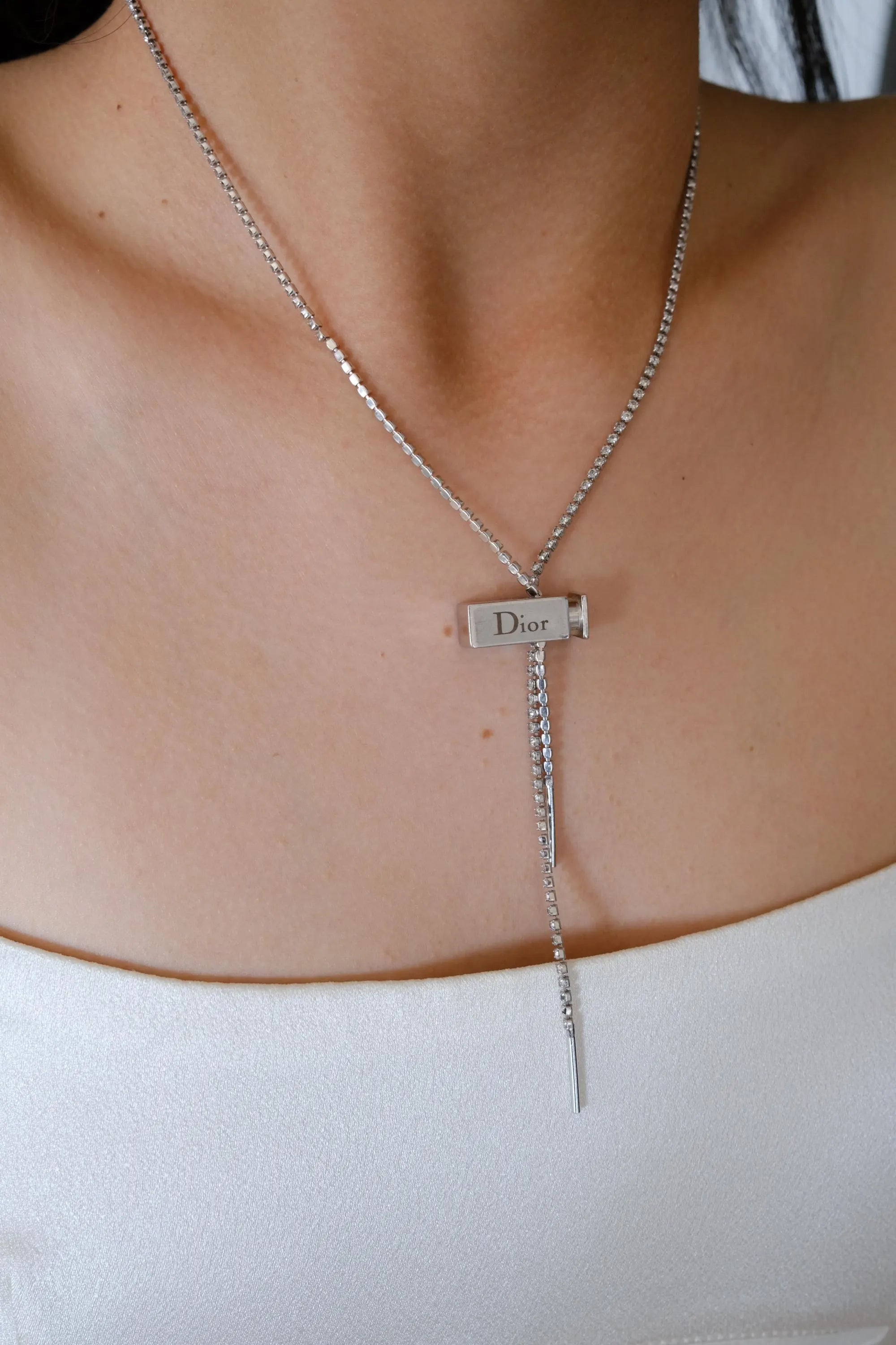 Vintage Christian Dior Silver Tone Logo Charm Adjustable Necklace Galliano Era