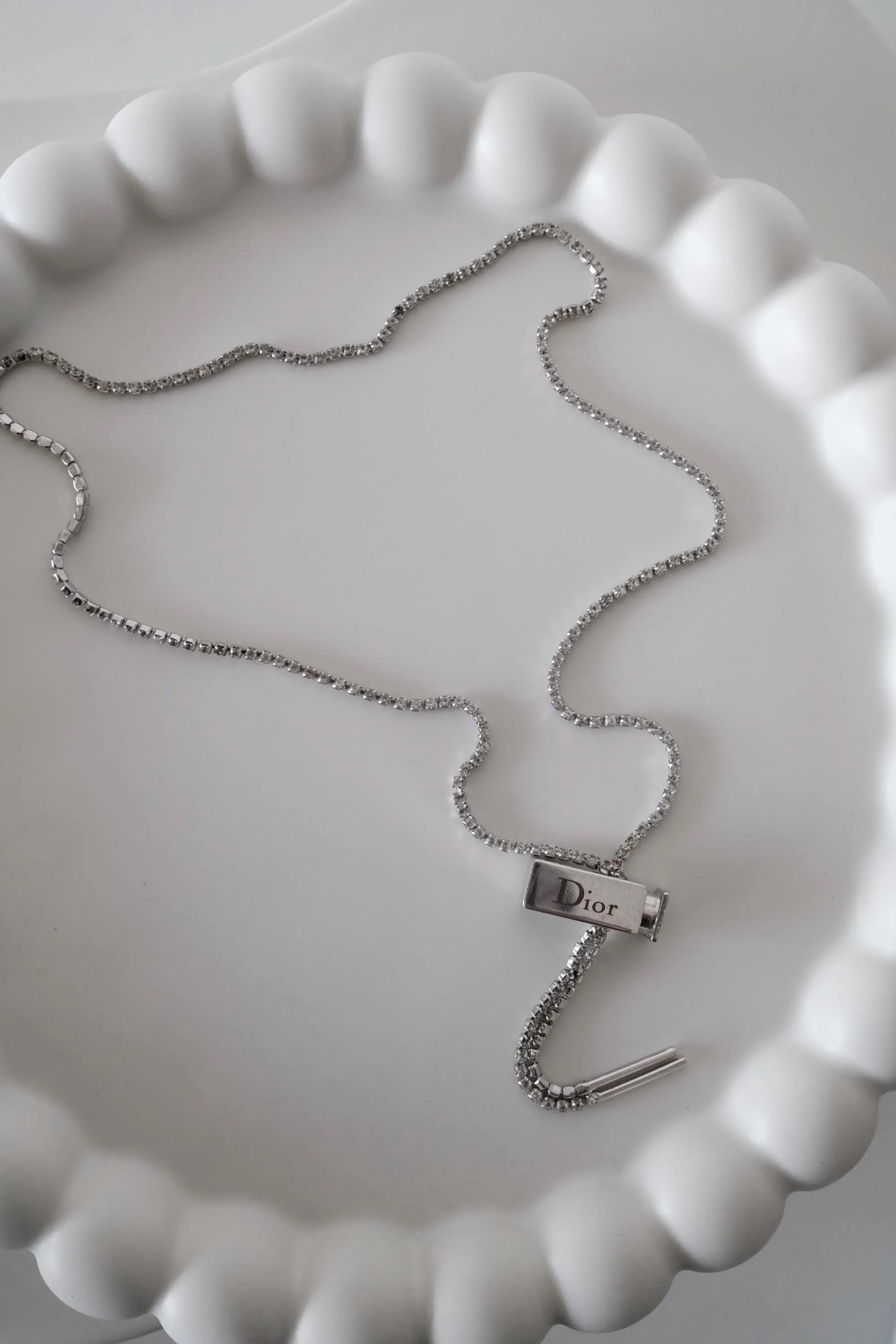 Vintage Christian Dior silver tone logo necklace, designer luxury fashion jewelry, Galliano era collectible accessory for women