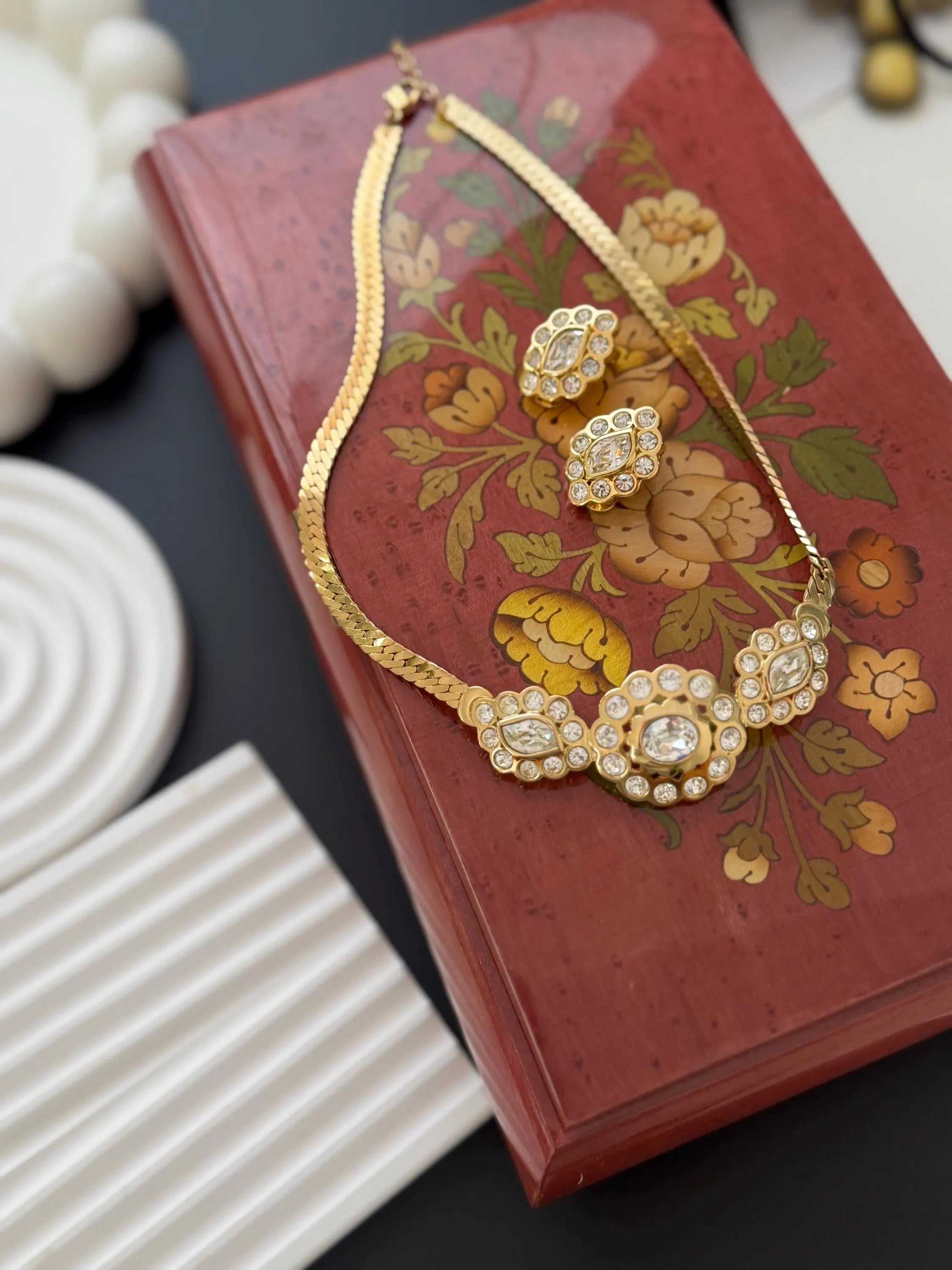 Authentic vintage Christian Dior gold plated floral necklace and earrings set, elegant luxury designer jewelry with timeless Paris style