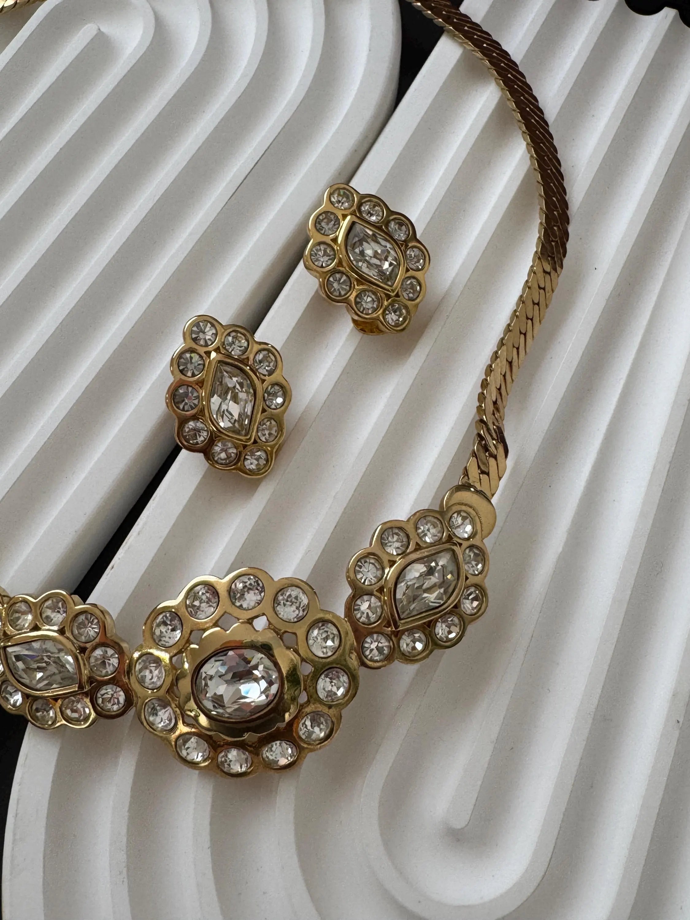 Authentic vintage Christian Dior gold plated floral necklace and earrings set, elegant luxury designer jewelry with timeless Paris style