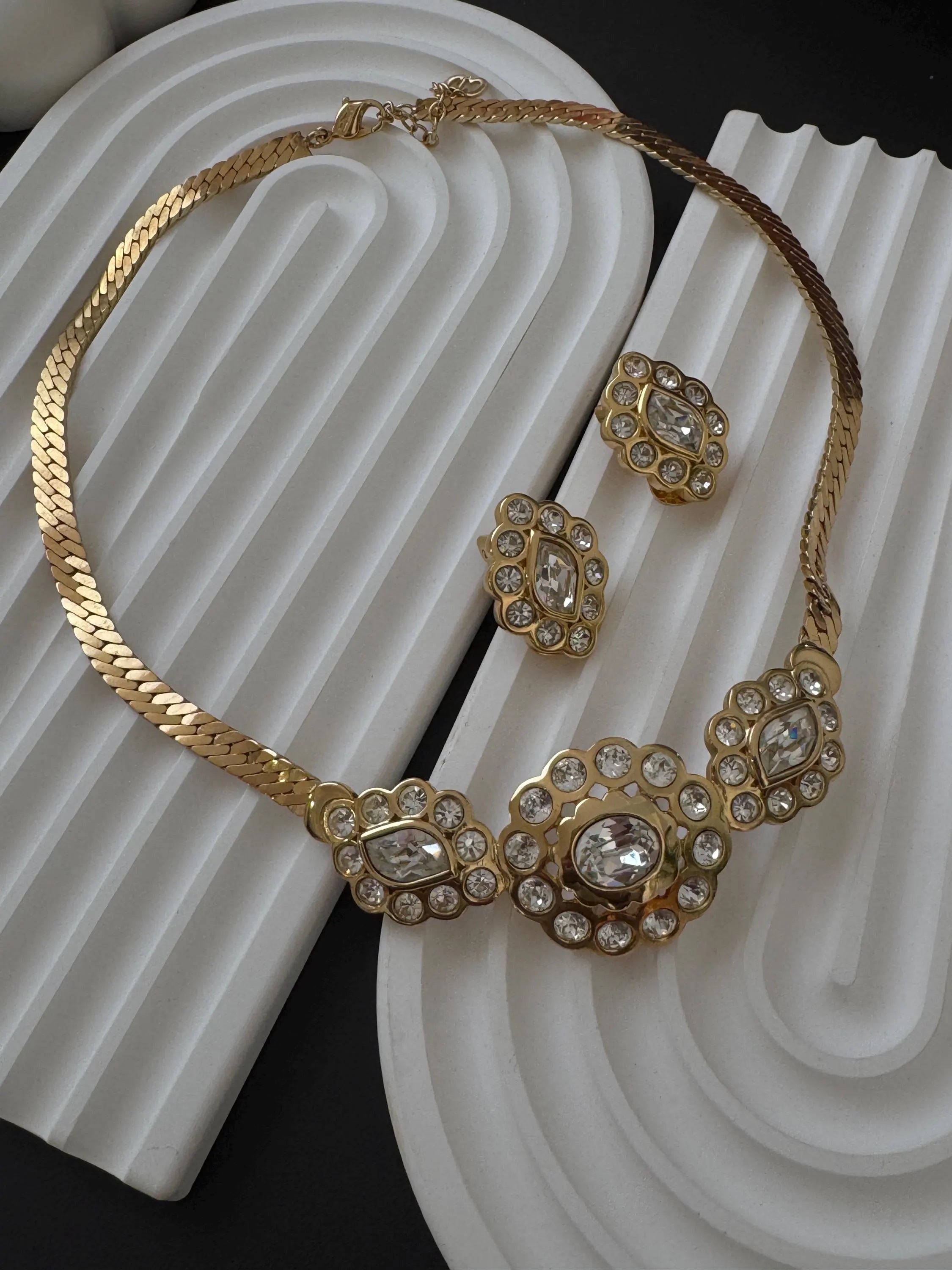 Vintage Christian Dior gold floral crystal jewelry set, sophisticated luxury statement piece for elegant women