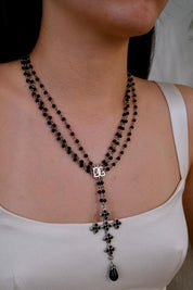 Vintage Dolce & Gabbana black bead cross necklace with silver tone pendant